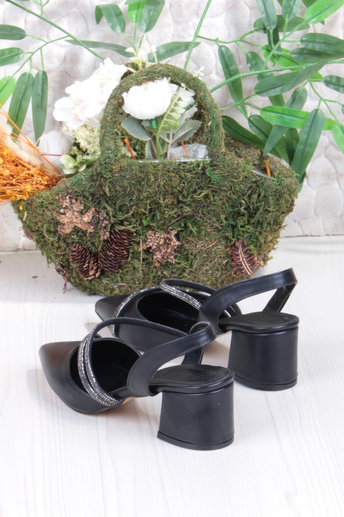 110-415 Biye Taşlı Alçak Kalın Topuklu Kadın Ayakkabı - Görsel 5