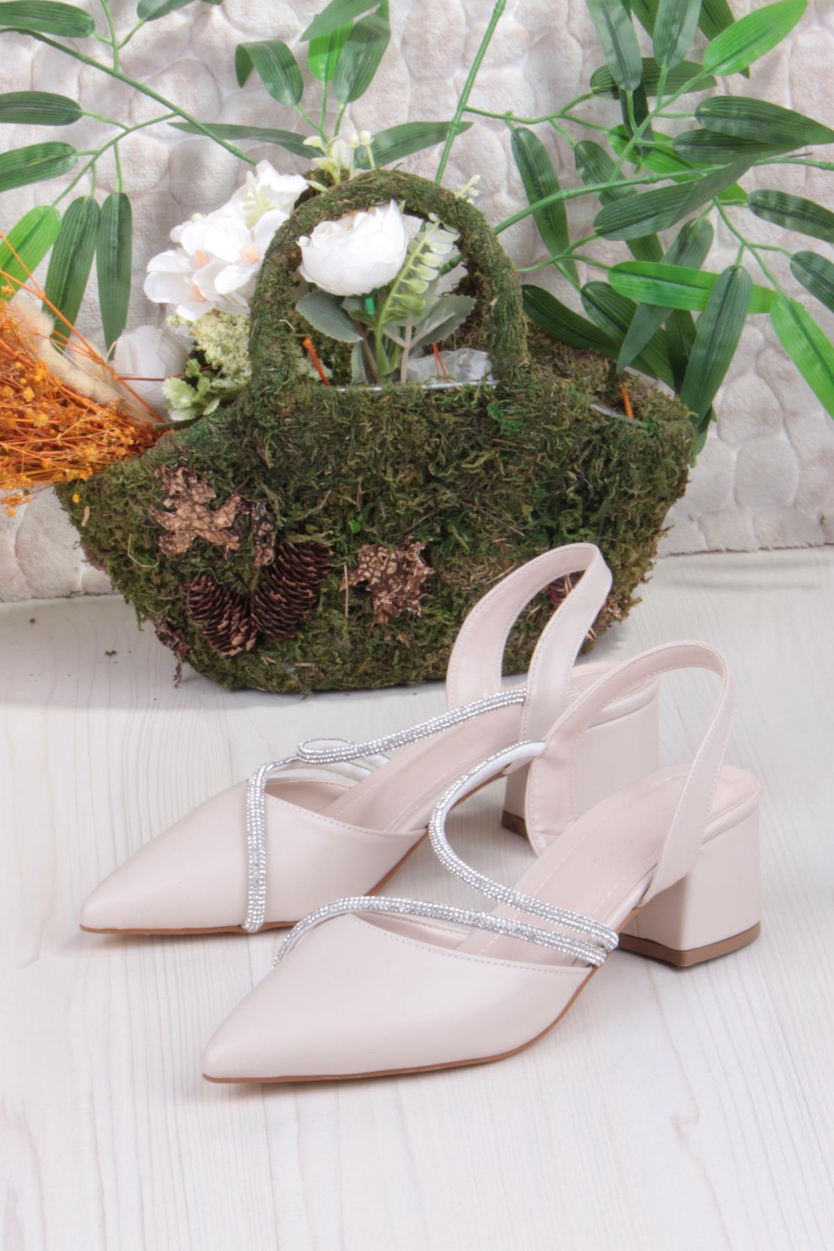 110-415 Biye Taşlı Alçak Kalın Topuklu Kadın Ayakkabı - Görsel 4