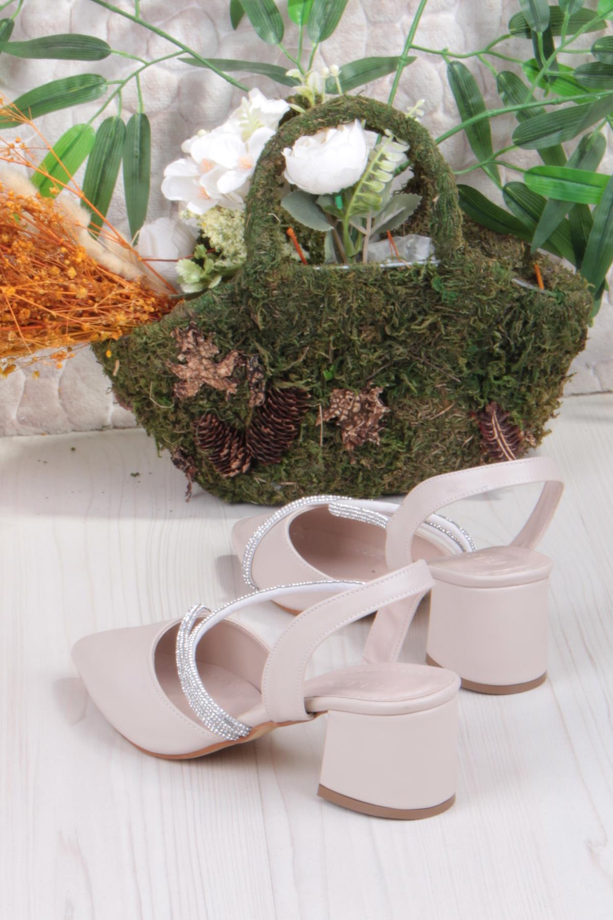 110-415 Biye Taşlı Alçak Kalın Topuklu Kadın Ayakkabı - Görsel 5