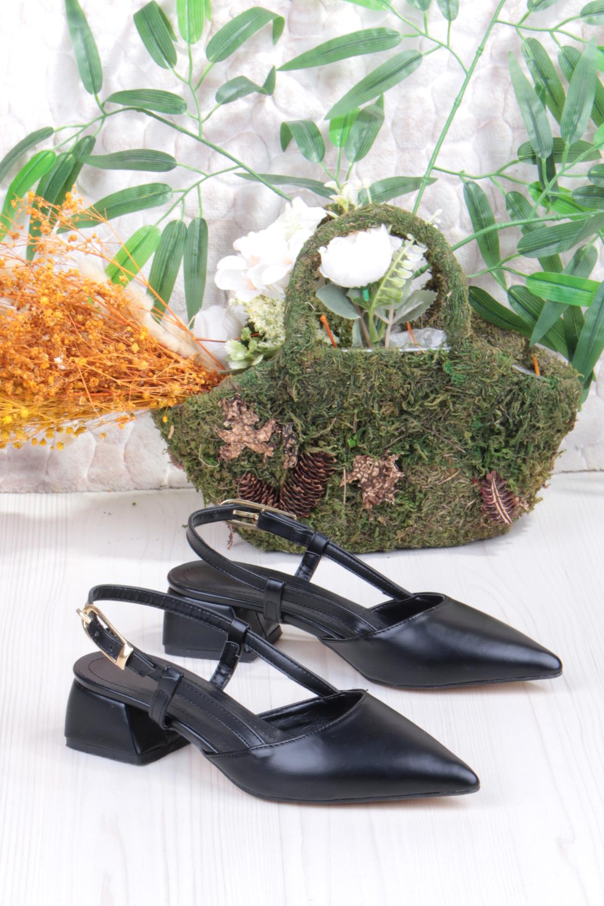 35126 Ceyn Cilt Arkası Açık Kalın Topuklu Sivri Burun Kadın Ayakkabı - Görsel 2