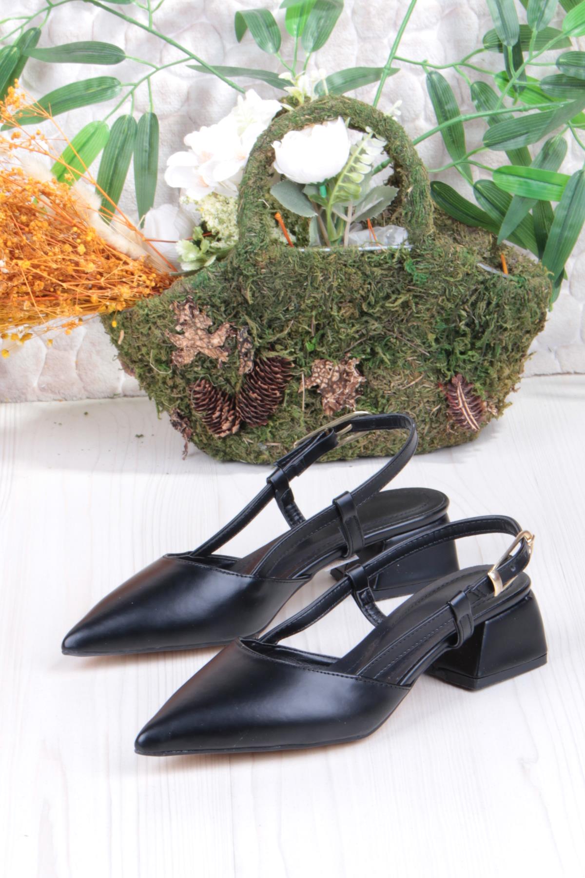 35126 Ceyn Cilt Arkası Açık Kalın Topuklu Sivri Burun Kadın Ayakkabı - Görsel 4