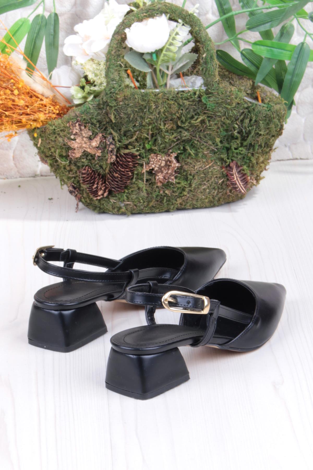 35126 Ceyn Cilt Arkası Açık Kalın Topuklu Sivri Burun Kadın Ayakkabı - Görsel 5