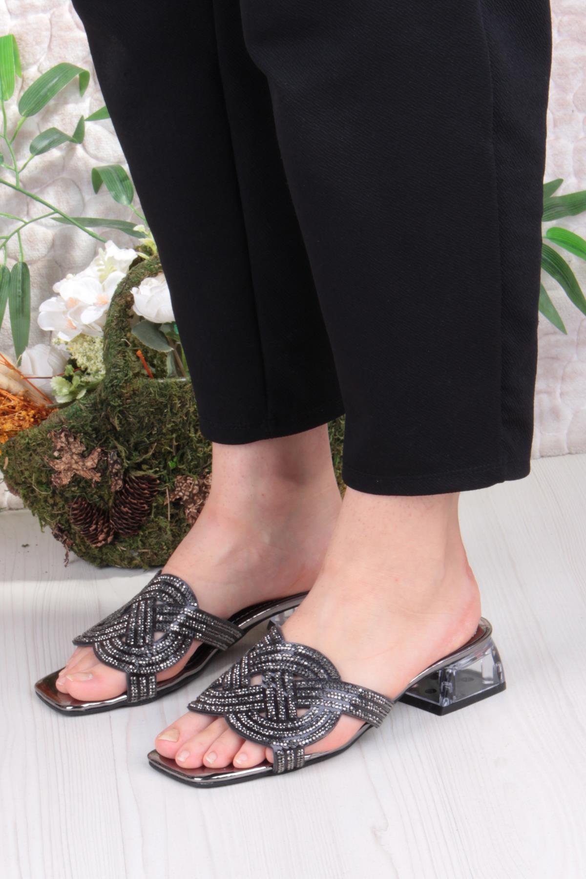 Ares 1698 Siyah Taşlı Günlük Giyim Abiye Şeffaf Topuk Kadın Terlik - Görsel 3