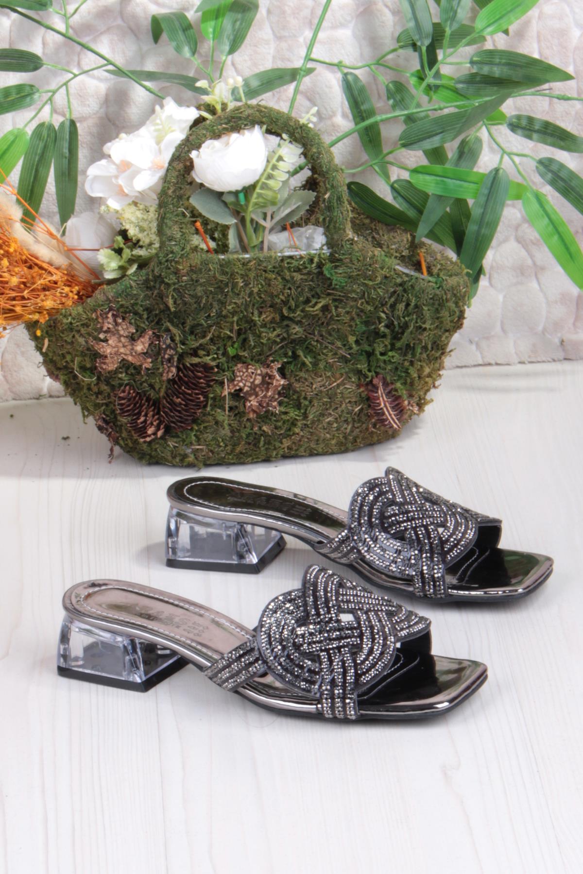 Ares 1698 Siyah Taşlı Günlük Giyim Abiye Şeffaf Topuk Kadın Terlik - Görsel 6