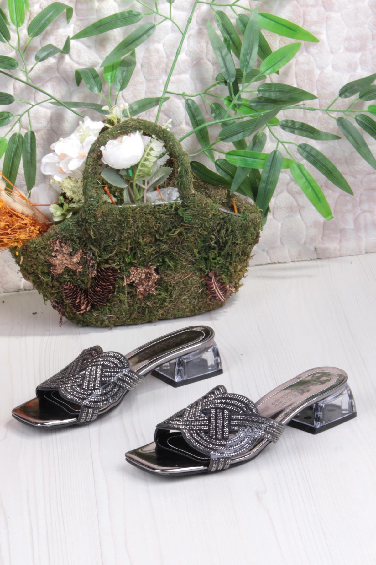 Ares 1698 Siyah Taşlı Günlük Giyim Abiye Şeffaf Topuk Kadın Terlik - Görsel 7