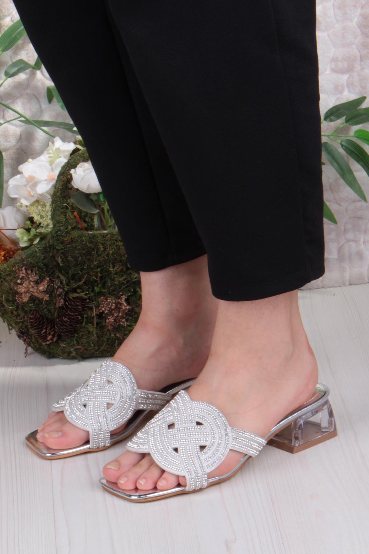 Ares 1698 Sedef Taşlı Günlük Giyim Abiye Şeffaf Topuk Kadın Terlik - Görsel 3