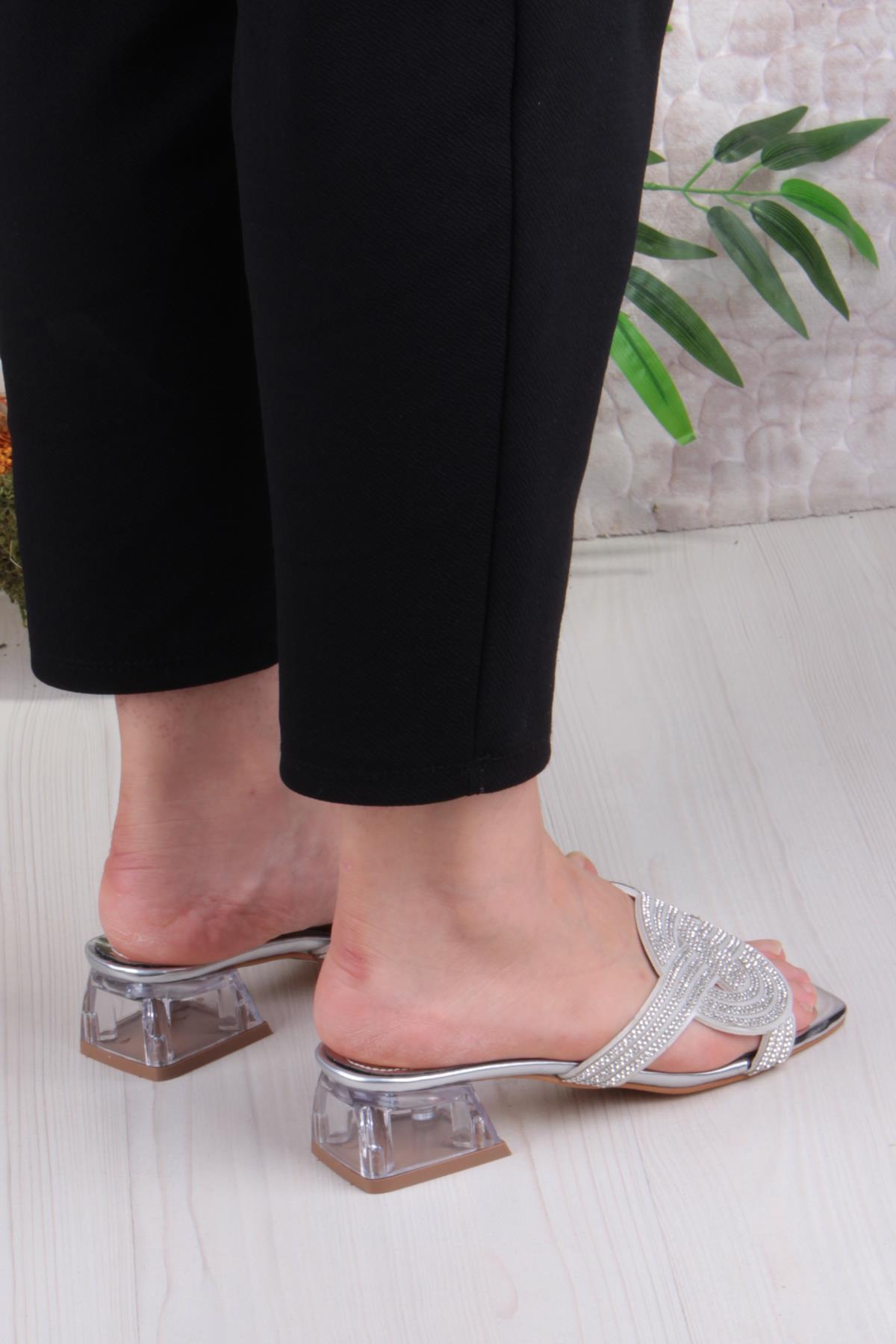 Ares 1698 Sedef Taşlı Günlük Giyim Abiye Şeffaf Topuk Kadın Terlik - Görsel 5