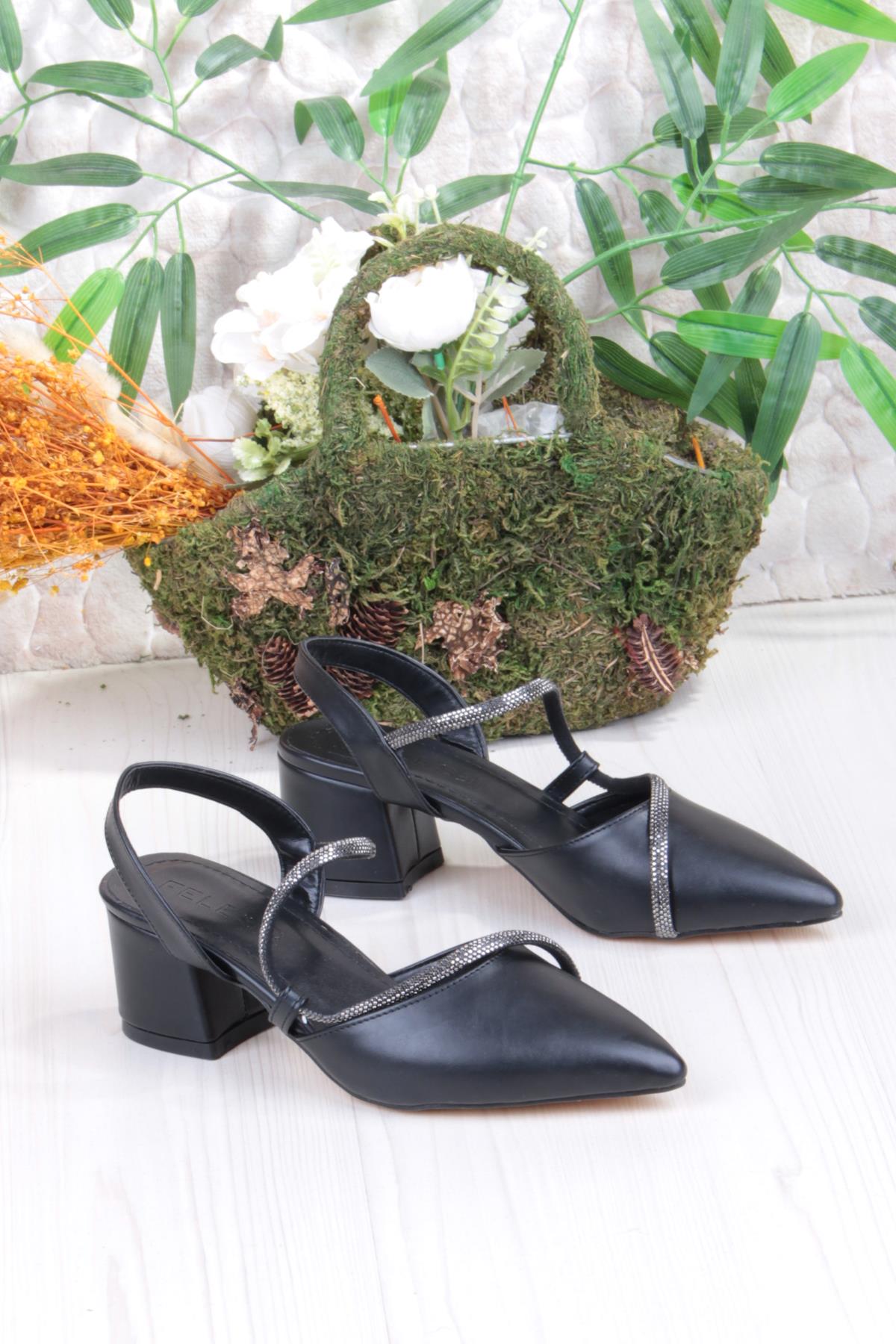 110-473 Fls Biye Taşlı Arkası Açık Klasik Topuklu Kadın Ayakkabı - Görsel 2