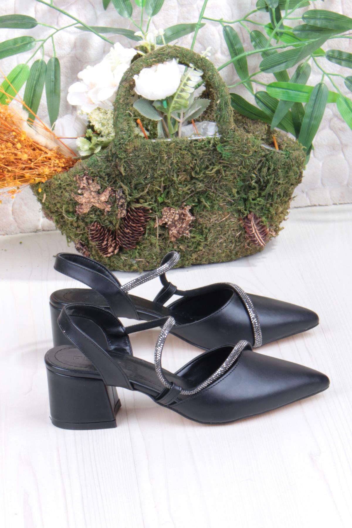 110-473 Fls Biye Taşlı Arkası Açık Klasik Topuklu Kadın Ayakkabı - Görsel 3