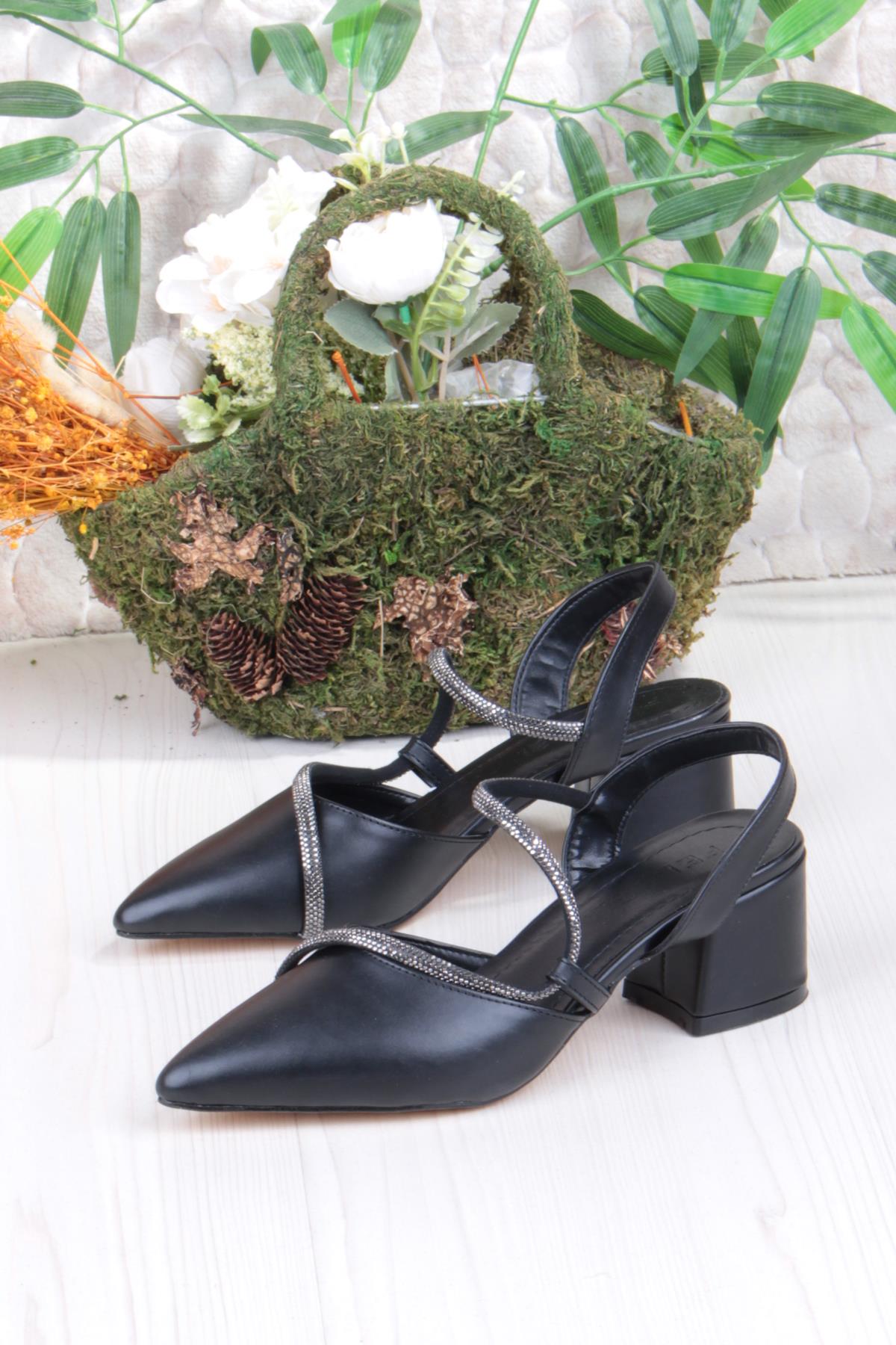 110-473 Fls Biye Taşlı Arkası Açık Klasik Topuklu Kadın Ayakkabı - Görsel 4