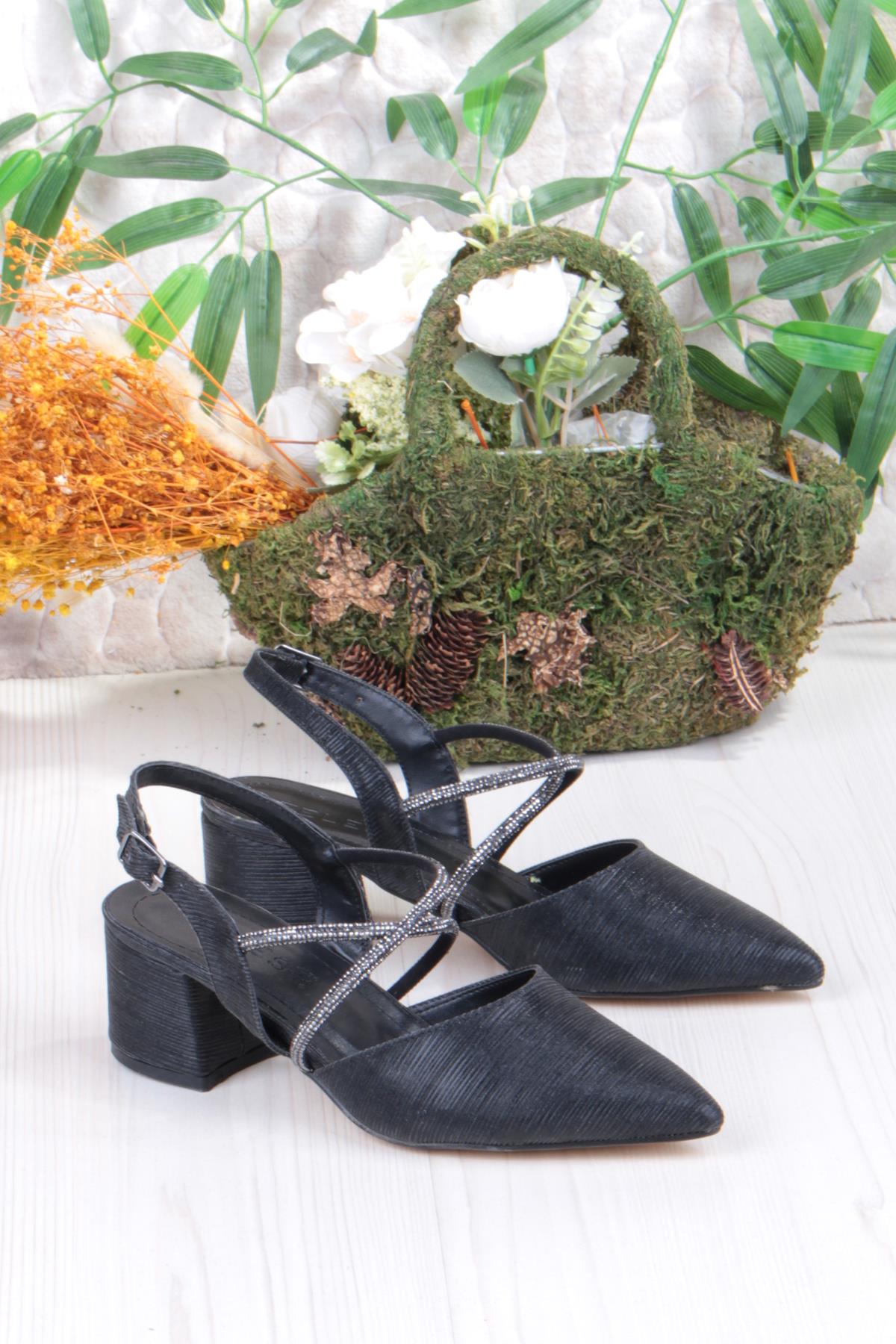 110-411 Saten Simli Taşlı Arkası Açık Klasik Topuklu Kadın Ayakkabı - Görsel 2