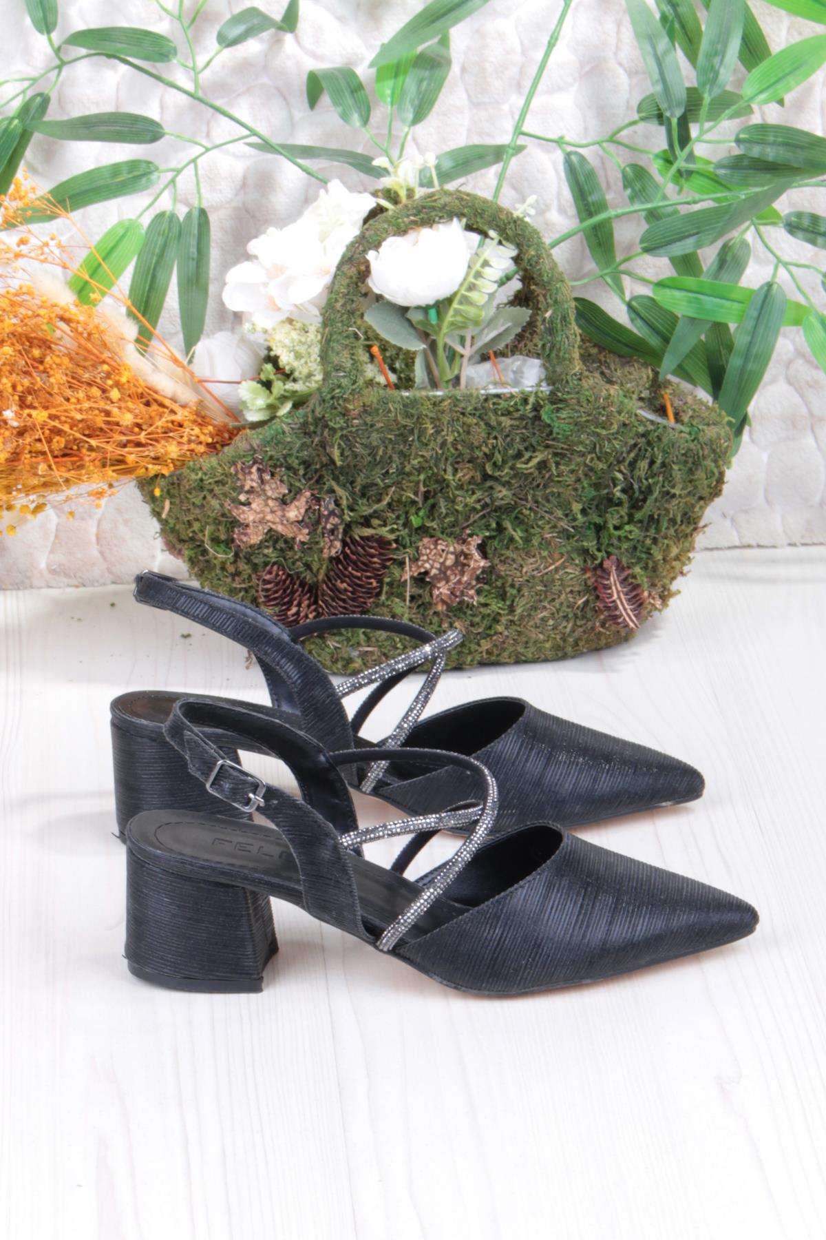 110-411 Saten Simli Taşlı Arkası Açık Klasik Topuklu Kadın Ayakkabı - Görsel 3