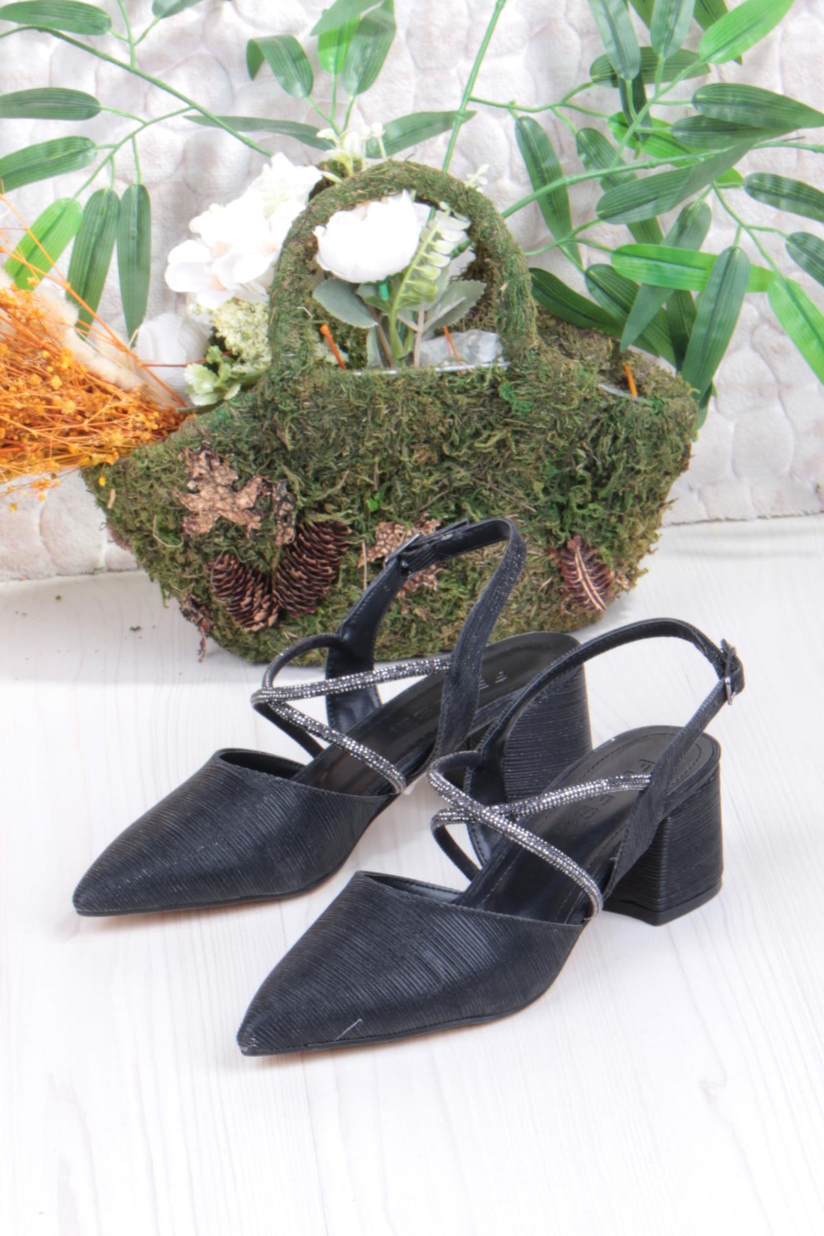 110-411 Saten Simli Taşlı Arkası Açık Klasik Topuklu Kadın Ayakkabı - Görsel 4