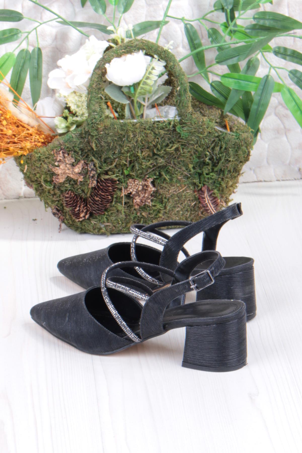 110-411 Saten Simli Taşlı Arkası Açık Klasik Topuklu Kadın Ayakkabı - Görsel 5