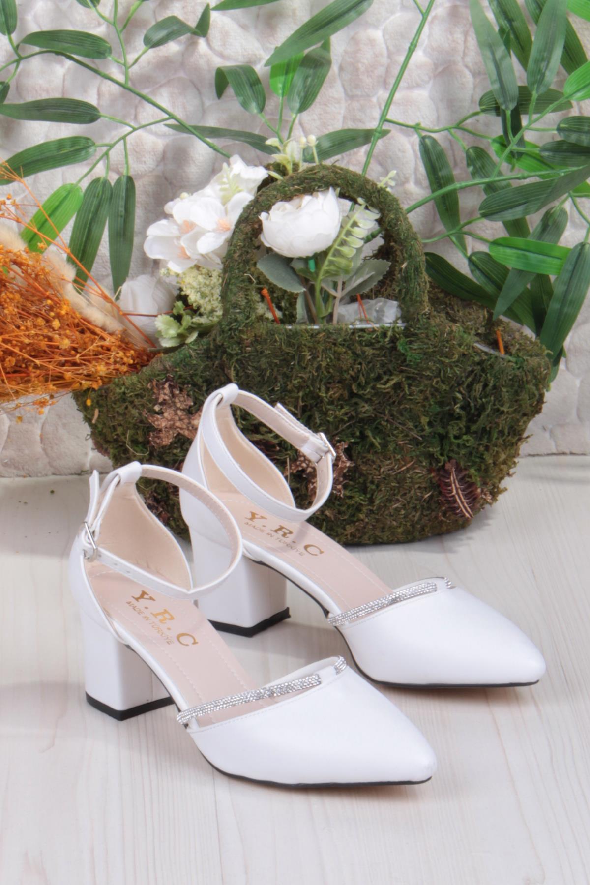 35619 Biye Taşlı Kalın Topuklu Kadın Ayakkabı - Görsel 2