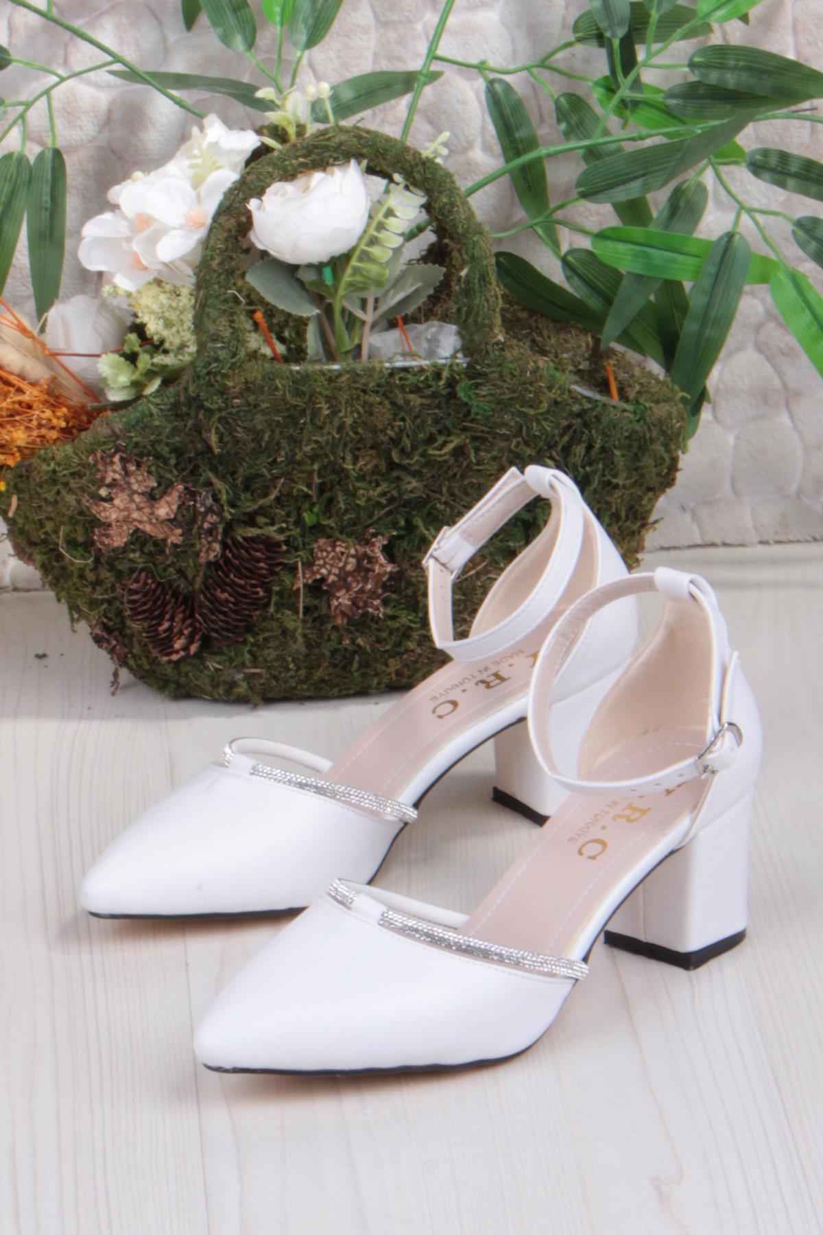 35619 Biye Taşlı Kalın Topuklu Kadın Ayakkabı - Görsel 4