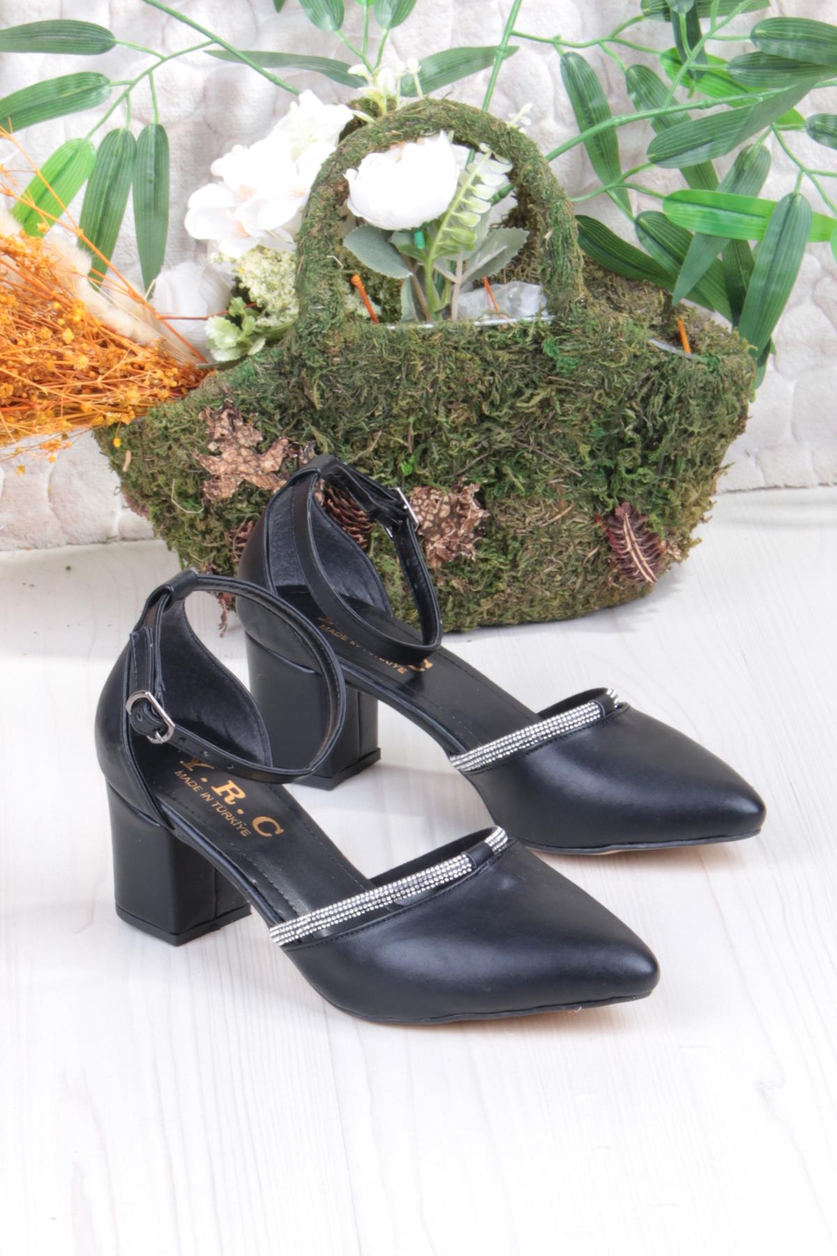 35619 Biye Taşlı Kalın Topuklu Kadın Ayakkabı - Görsel 2