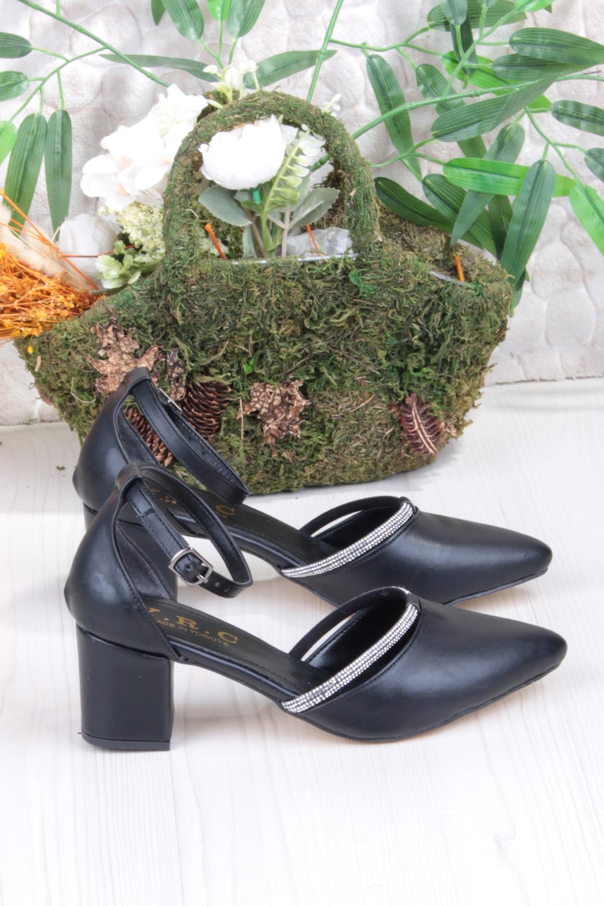 35619 Biye Taşlı Kalın Topuklu Kadın Ayakkabı - Görsel 3