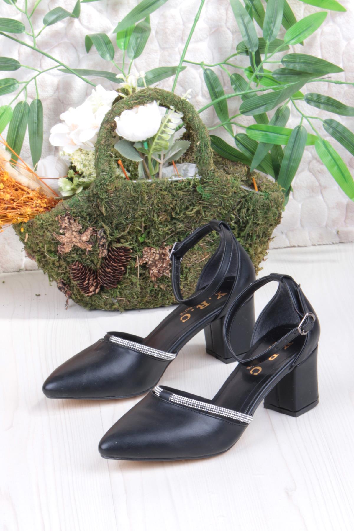 35619 Biye Taşlı Kalın Topuklu Kadın Ayakkabı - Görsel 4