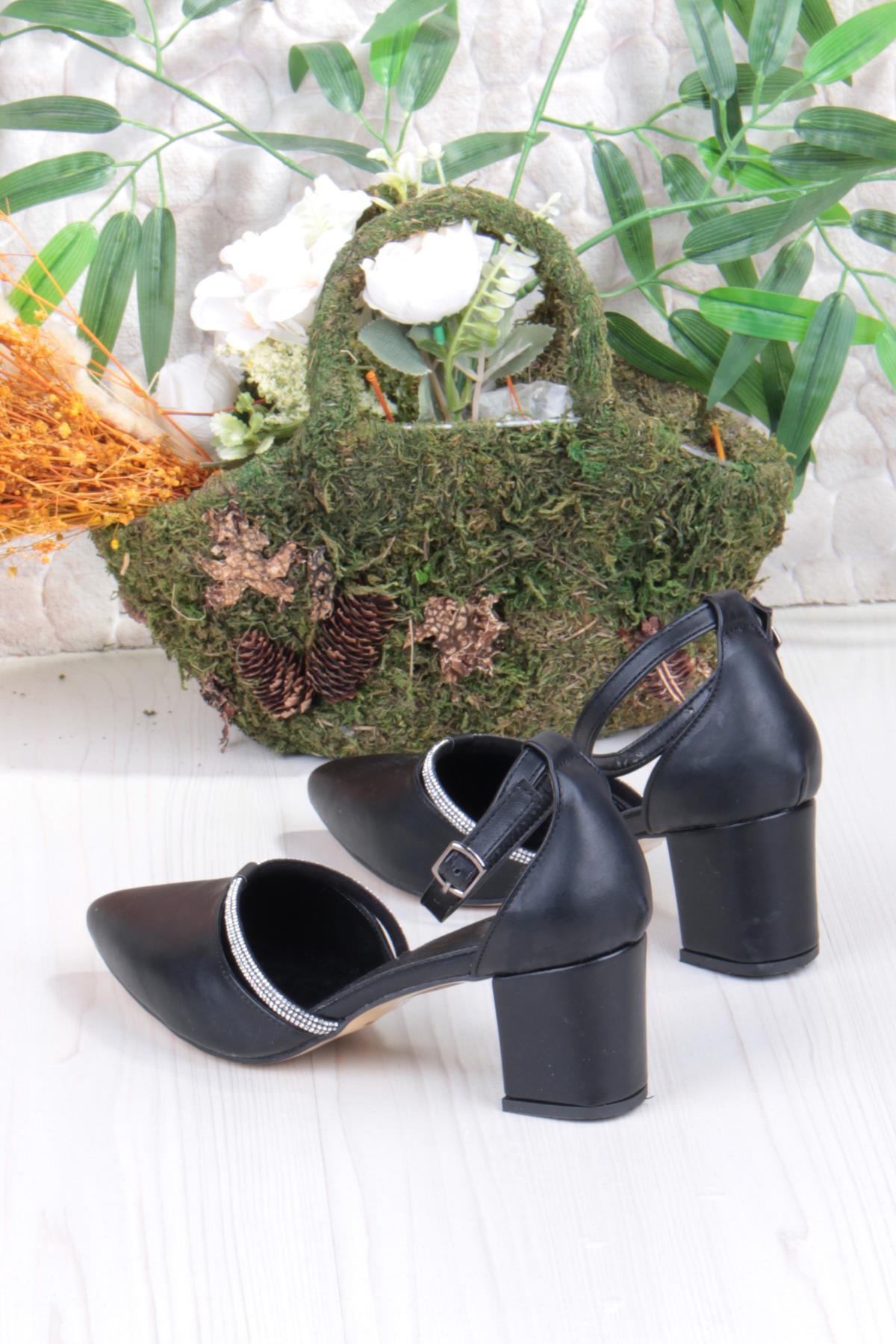 35619 Biye Taşlı Kalın Topuklu Kadın Ayakkabı - Görsel 5