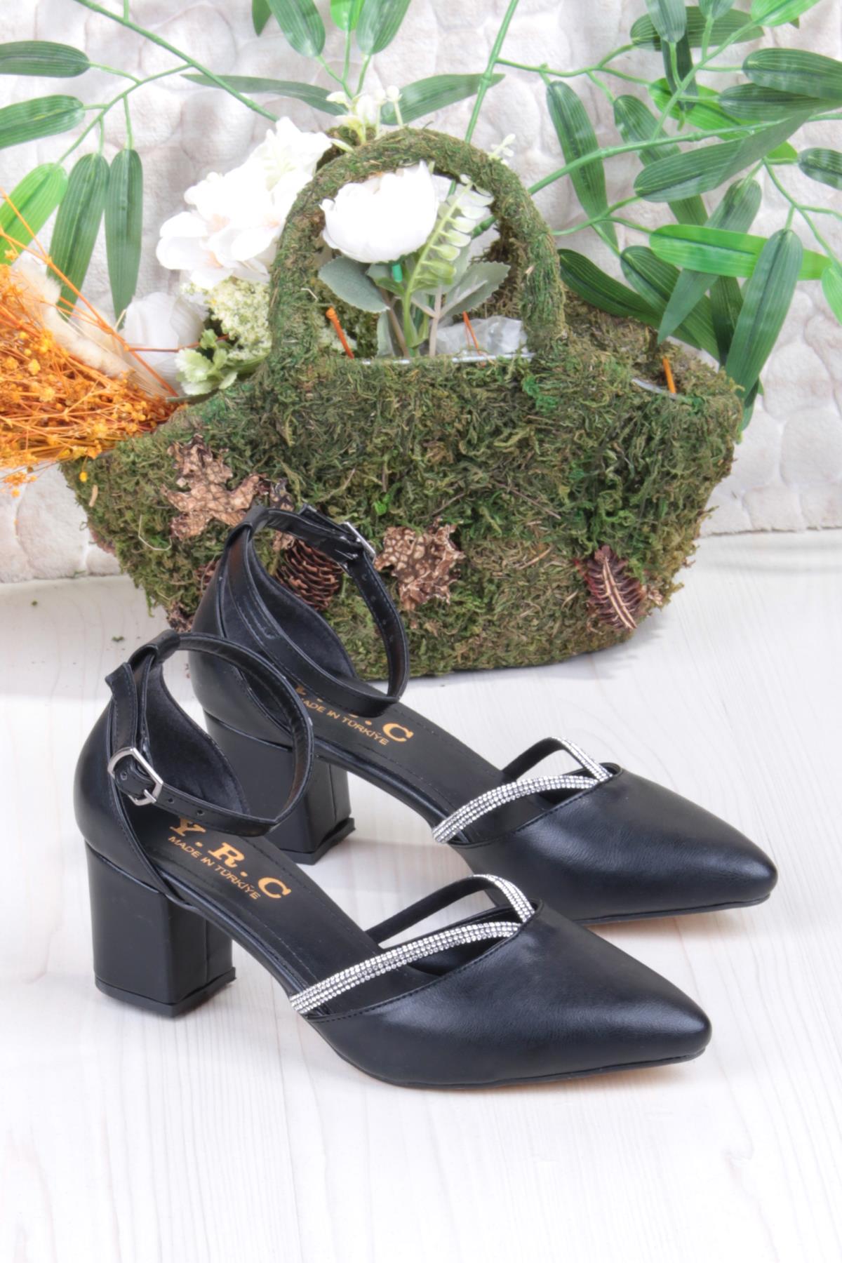 35621 Biye Taşlı Kalın Topuklu Kadın Ayakkabı - Görsel 2