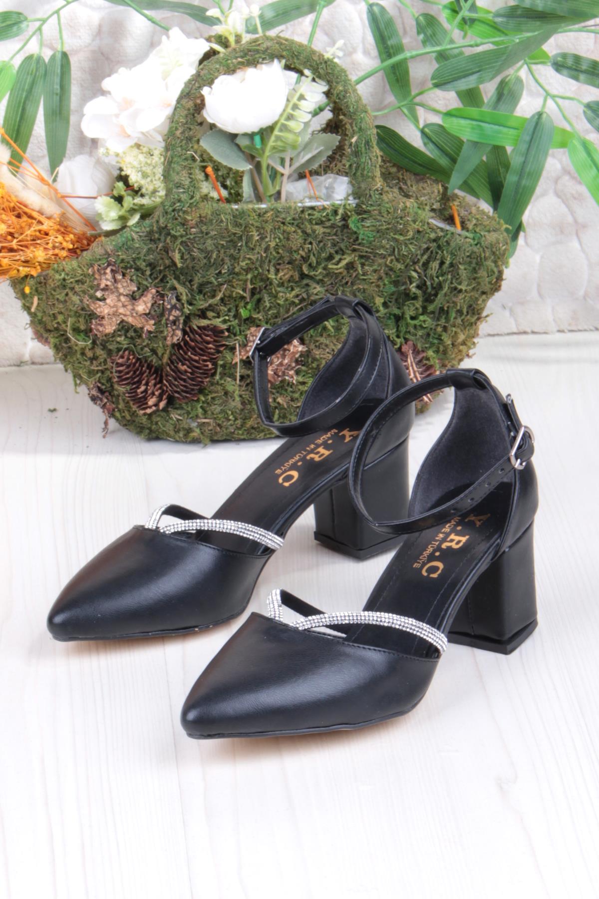 35621 Biye Taşlı Kalın Topuklu Kadın Ayakkabı - Görsel 4