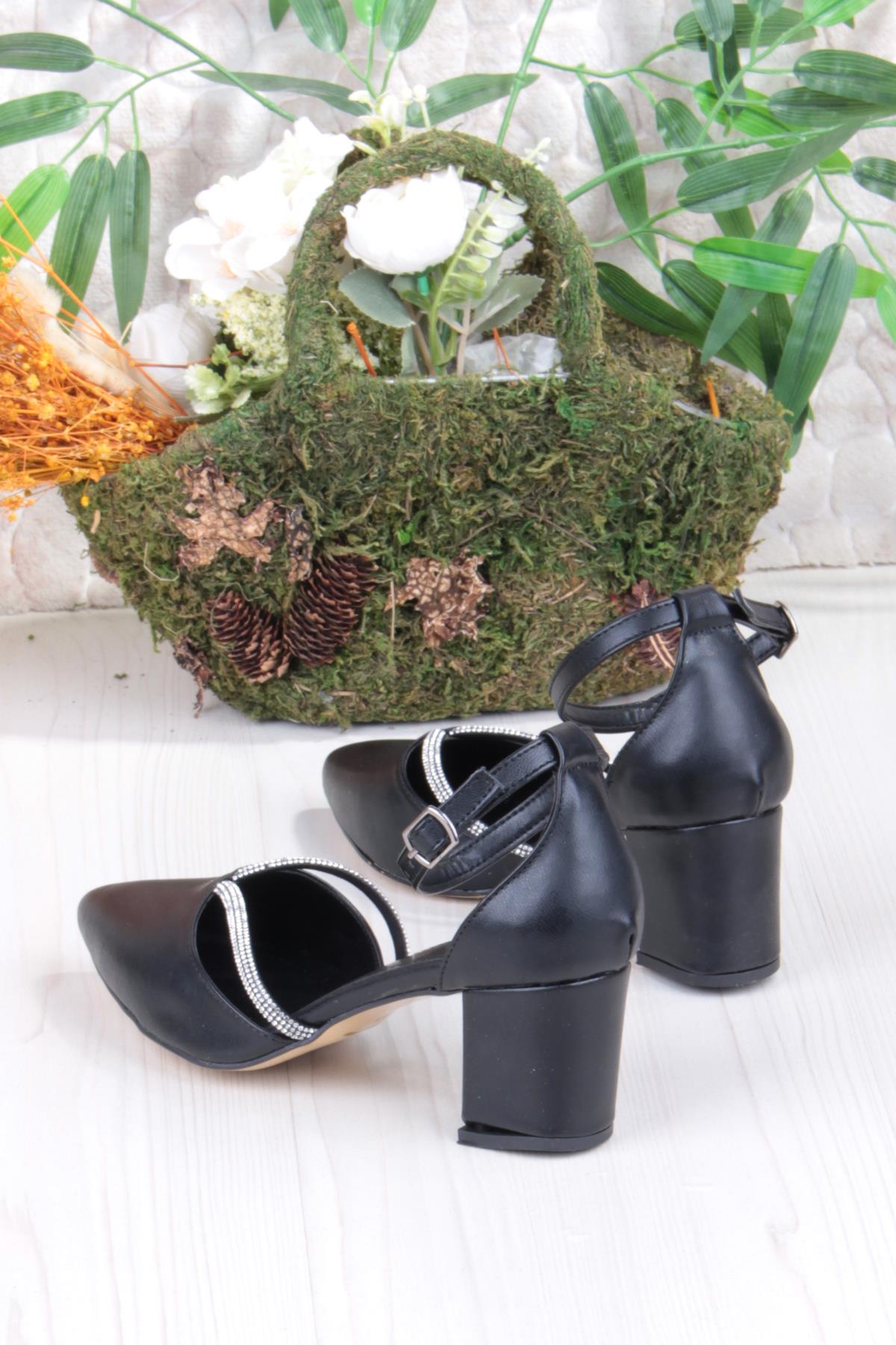 35621 Biye Taşlı Kalın Topuklu Kadın Ayakkabı - Görsel 5