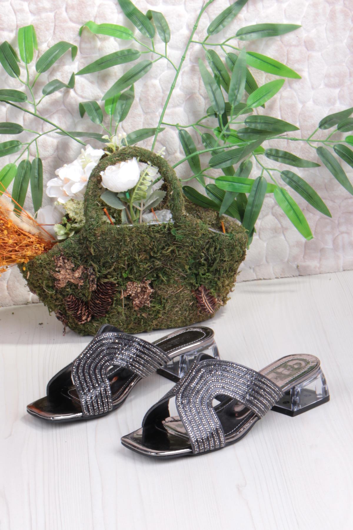 Ares 1694 Platin Taşlı Günlük Giyim Abiye Şeffaf Topuk Kadın Terlik - Görsel 7