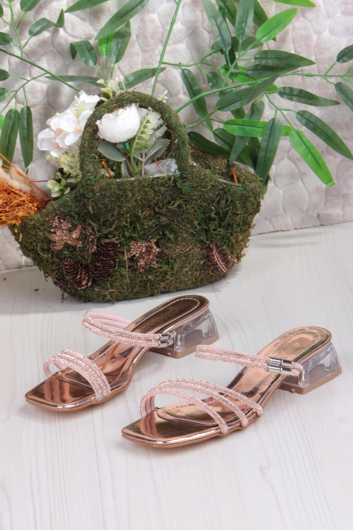 Ares 1696 Altın Taşlı Günlük Giyim Abiye Şeffaf Topuk Kadın Terlik - Görsel 7