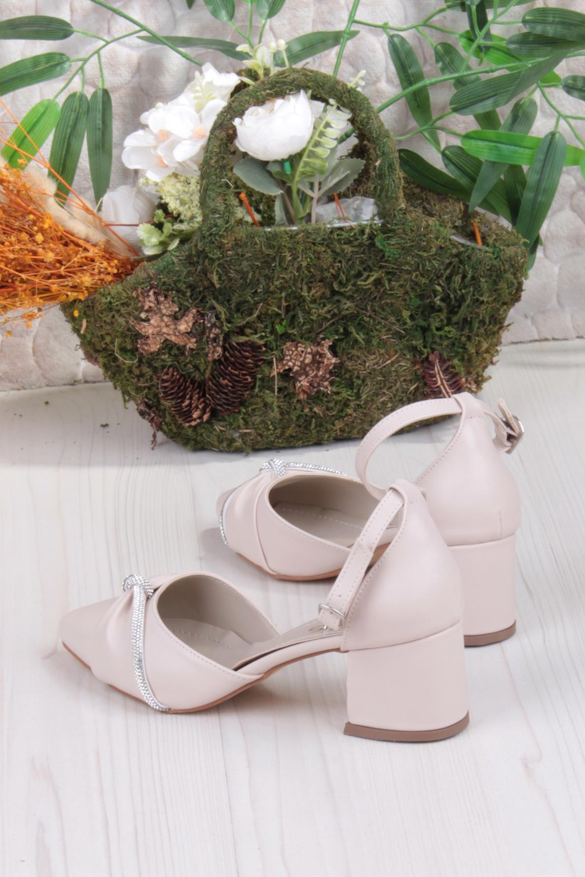 08-50 Biye Taşlı Burgu Model Alçak Topuklu Kadın Ayakkabı - Görsel 5