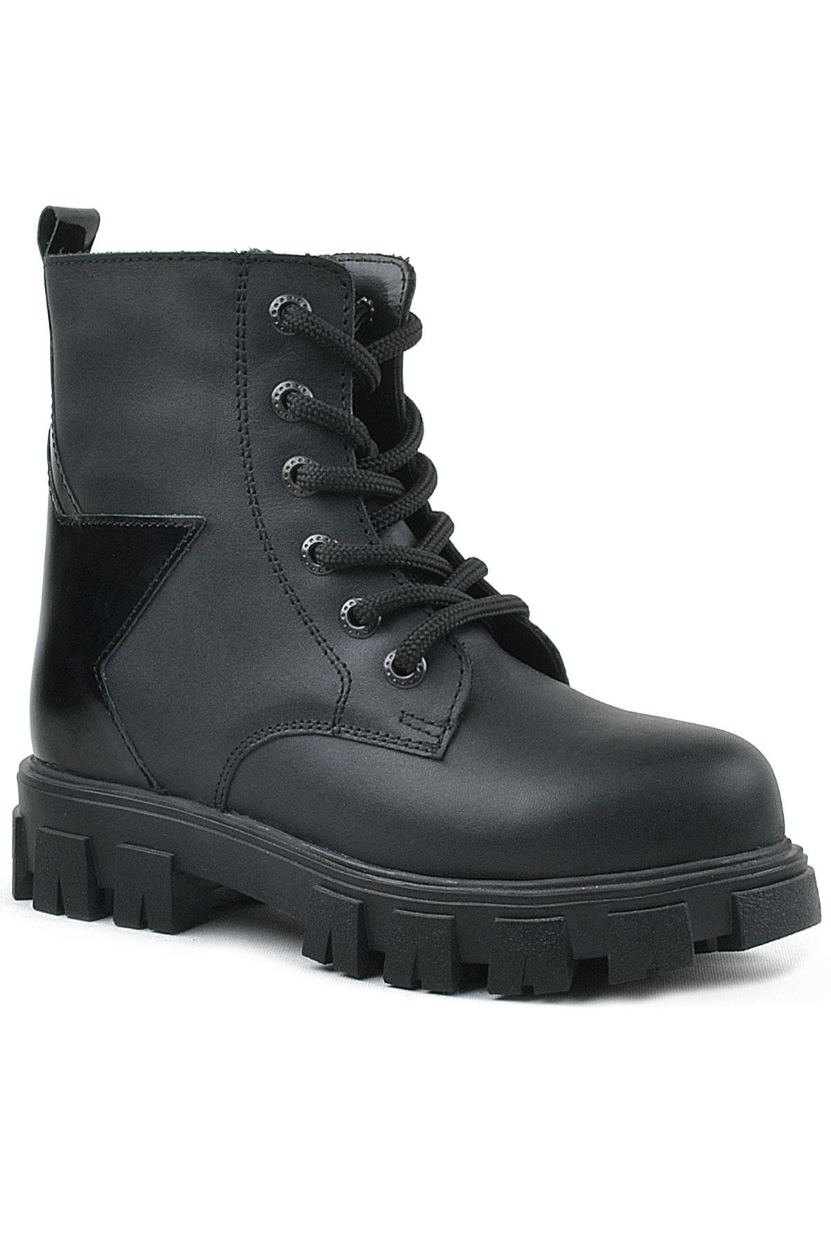 Hakiki Deri Siyah Yıldız Detaylı Kız Çocuk Bot - Görsel 2