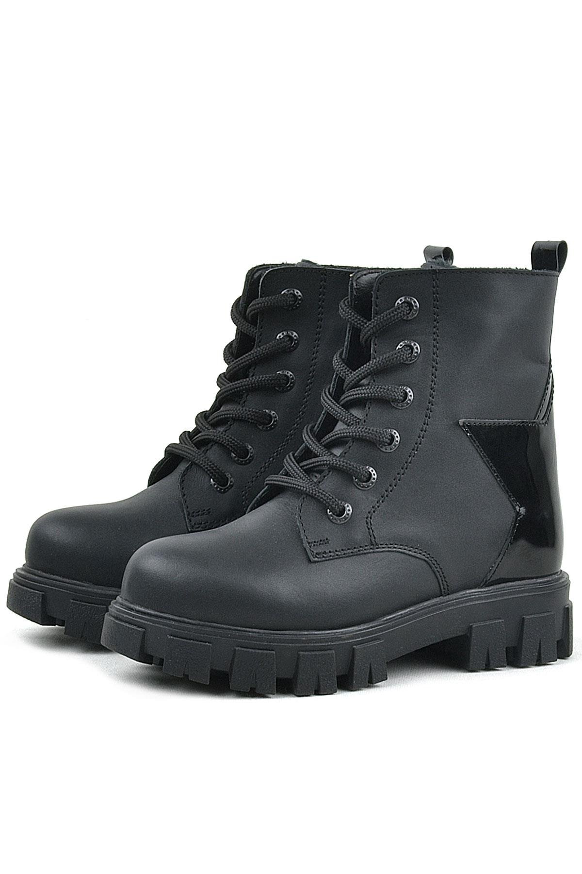 Hakiki Deri Siyah Yıldız Detaylı Kız Çocuk Bot - Görsel 5