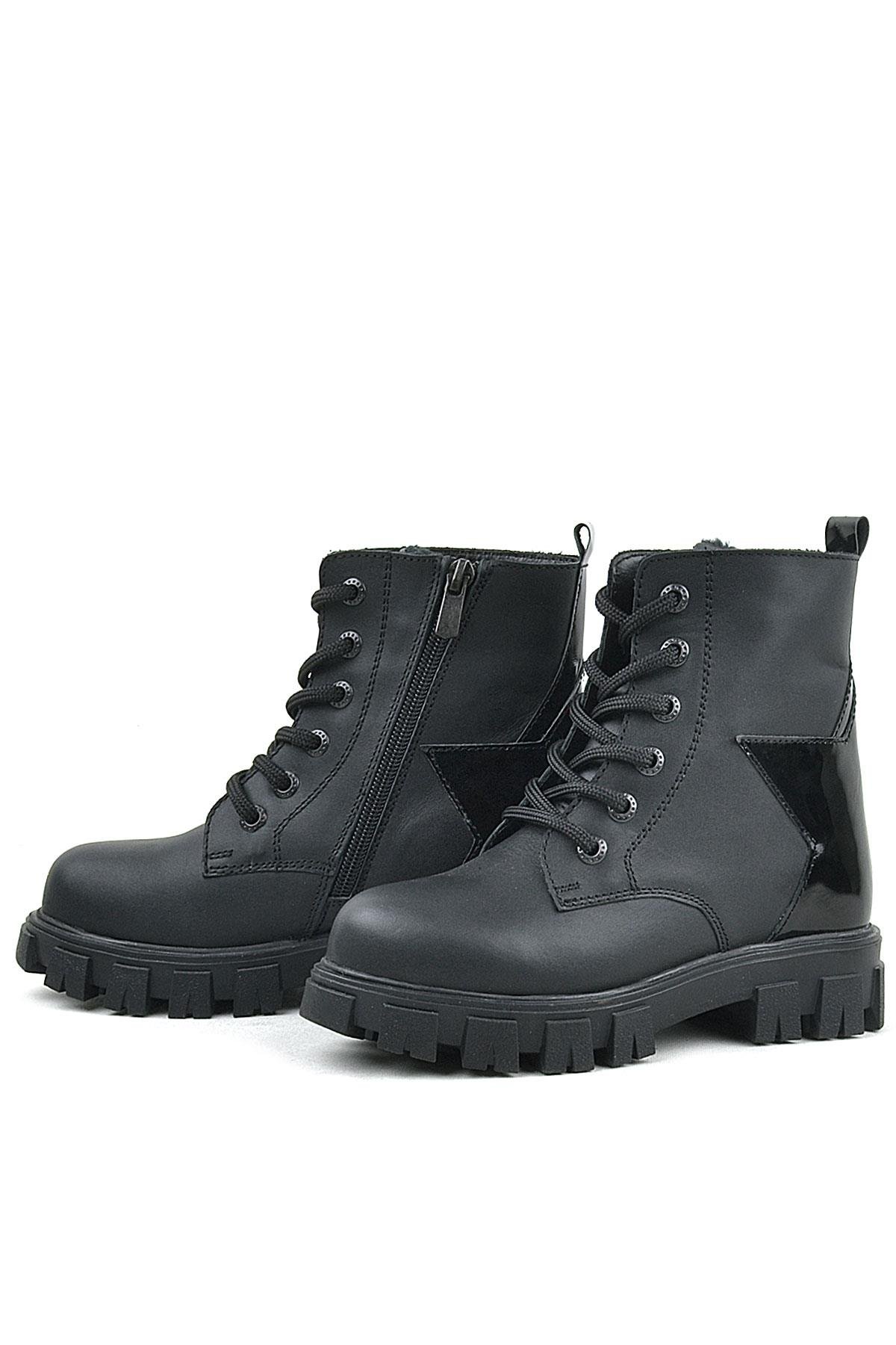 Hakiki Deri Siyah Yıldız Detaylı Kız Çocuk Bot - Görsel 6