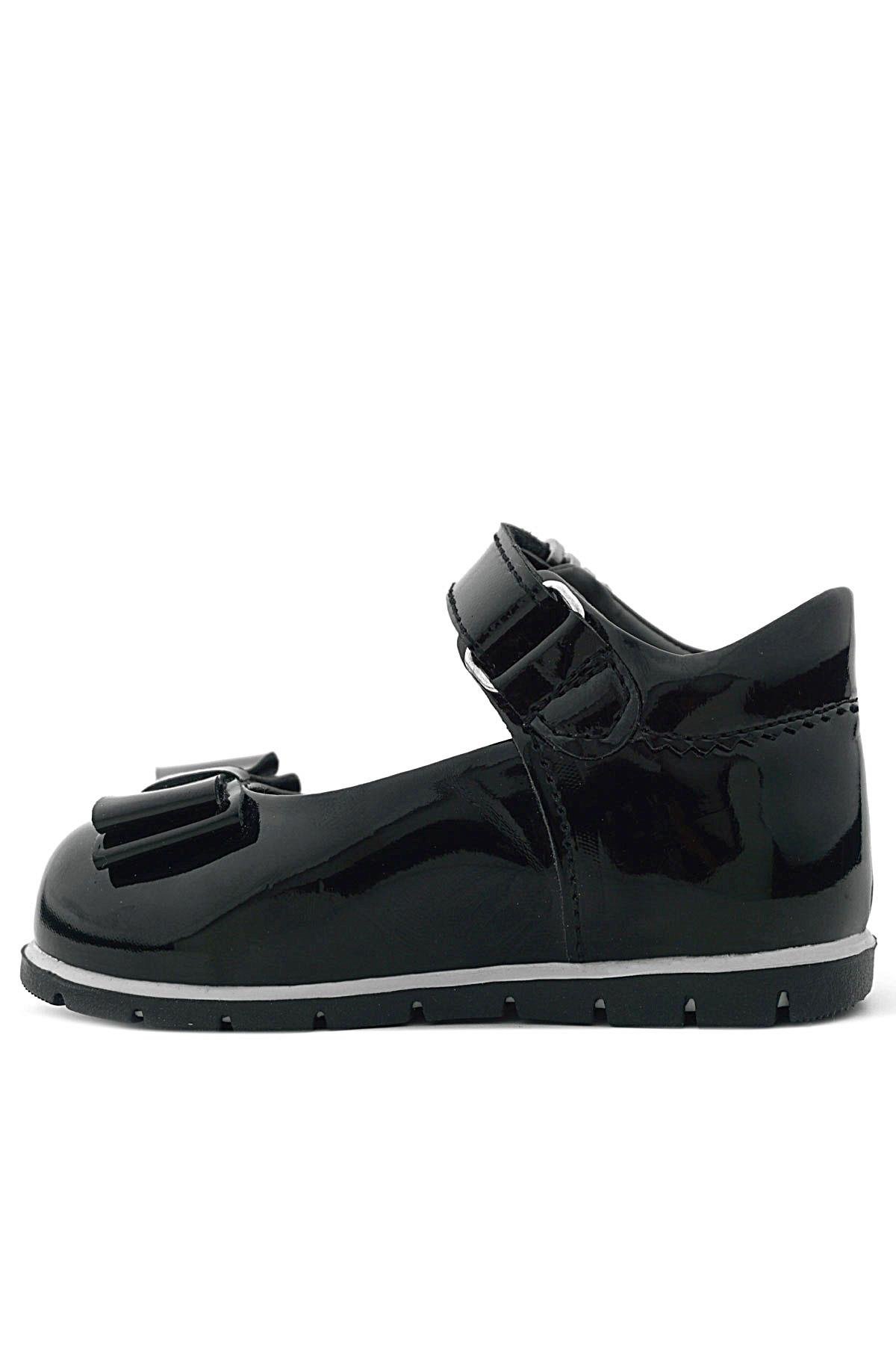 Siyah Rugan Metal Detaylı Fiyonklu Kız Bebek Babet Ayakkabı - Görsel 6
