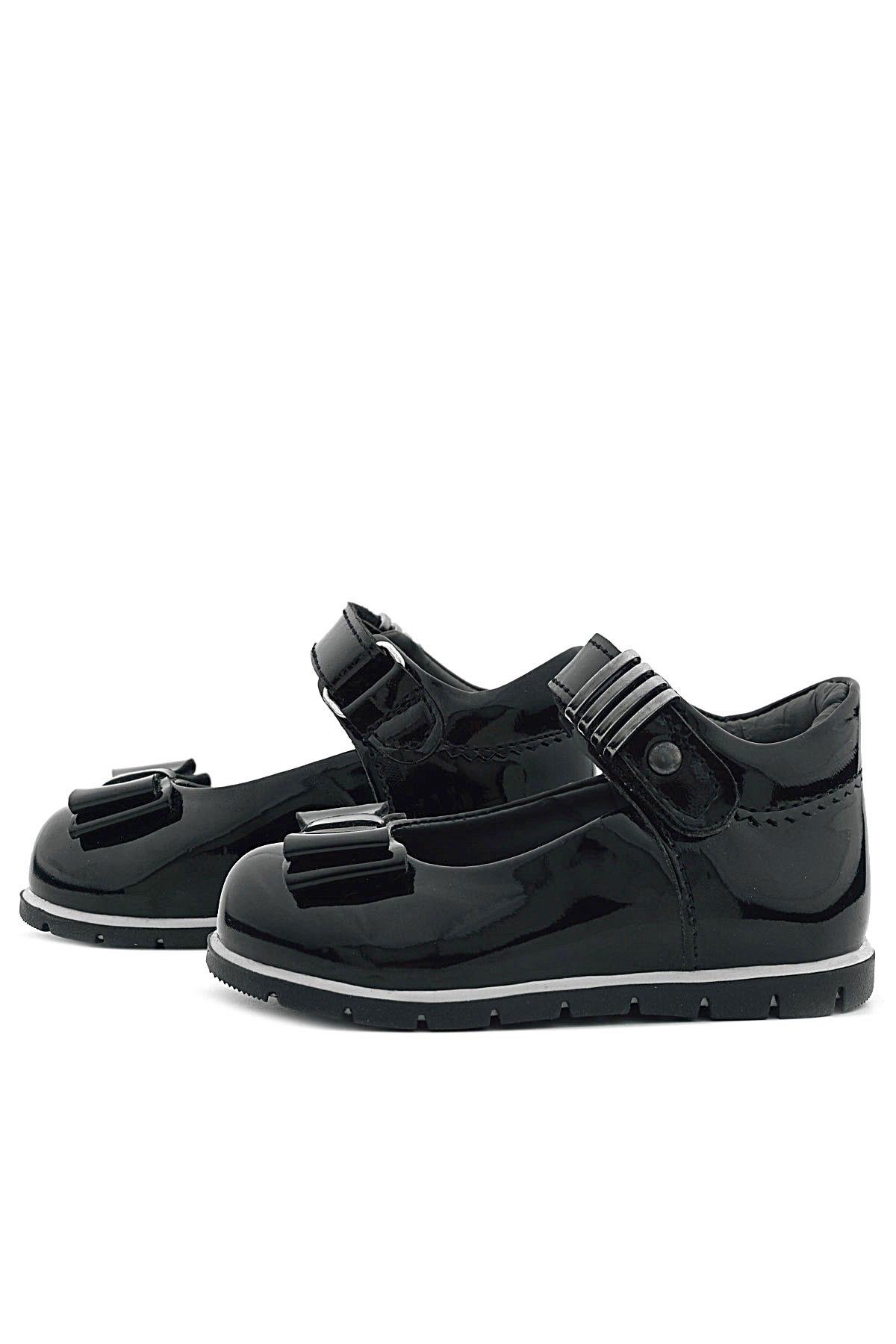 Siyah Rugan Metal Detaylı Fiyonklu Kız Bebek Babet Ayakkabı - Görsel 7