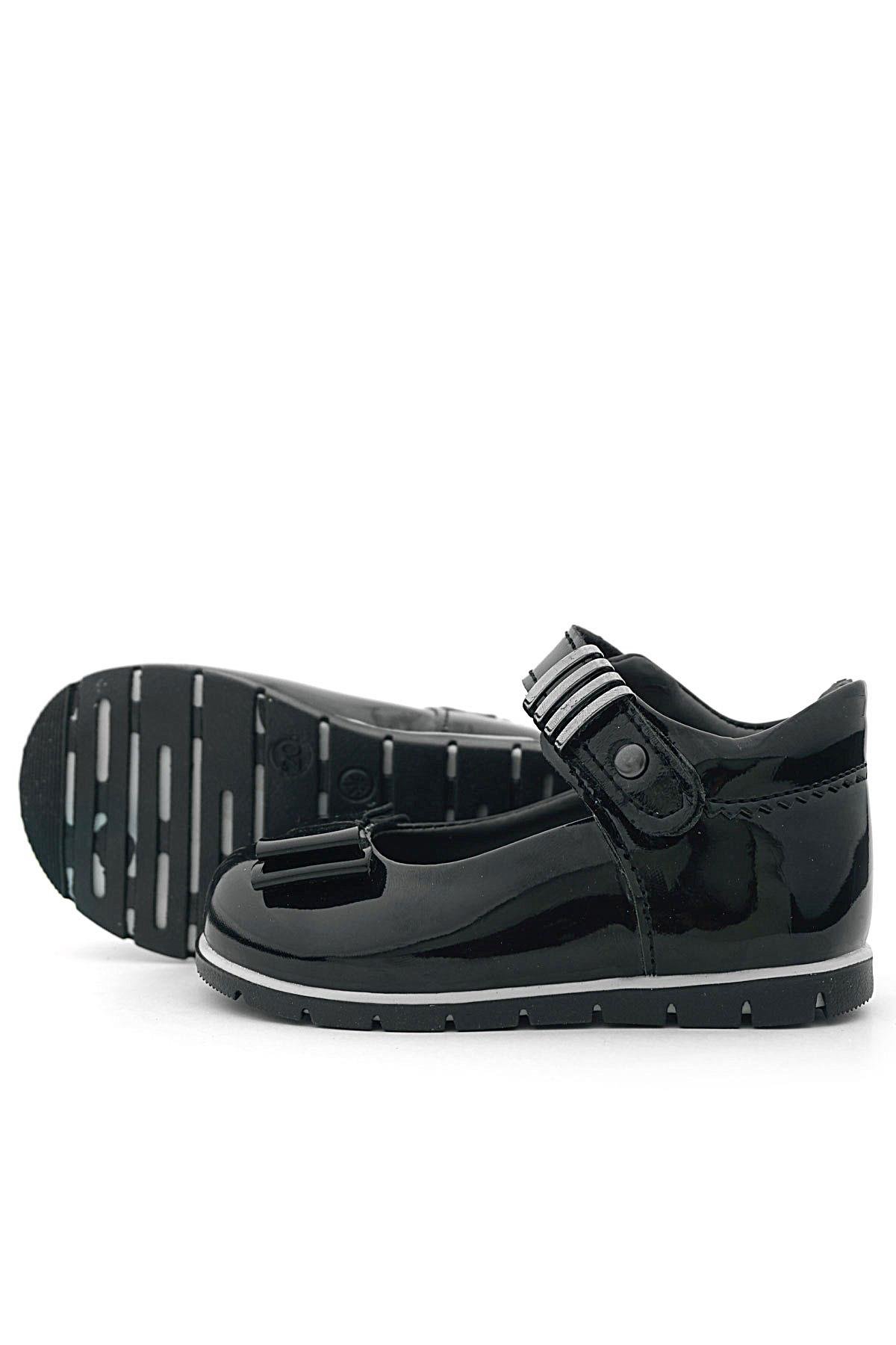 Siyah Rugan Metal Detaylı Fiyonklu Kız Bebek Babet Ayakkabı - Görsel 8