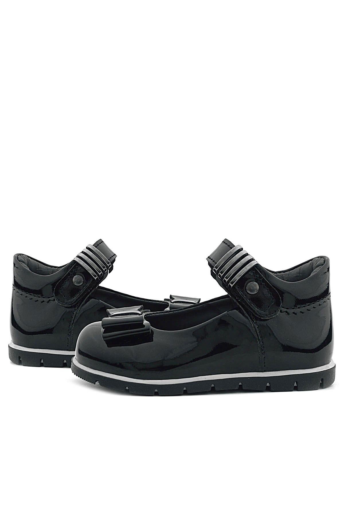 Siyah Rugan Metal Detaylı Fiyonklu Kız Bebek Babet Ayakkabı - Görsel 9