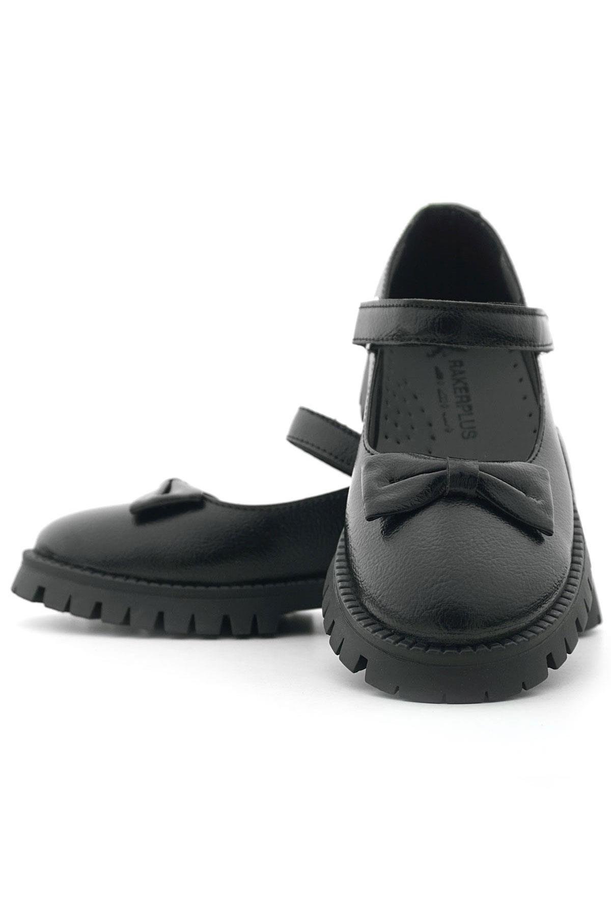 Siyah Kırışık Rugan Kalın Tabanlı Cırtlı Kız Çocuk Babet - Görsel 9