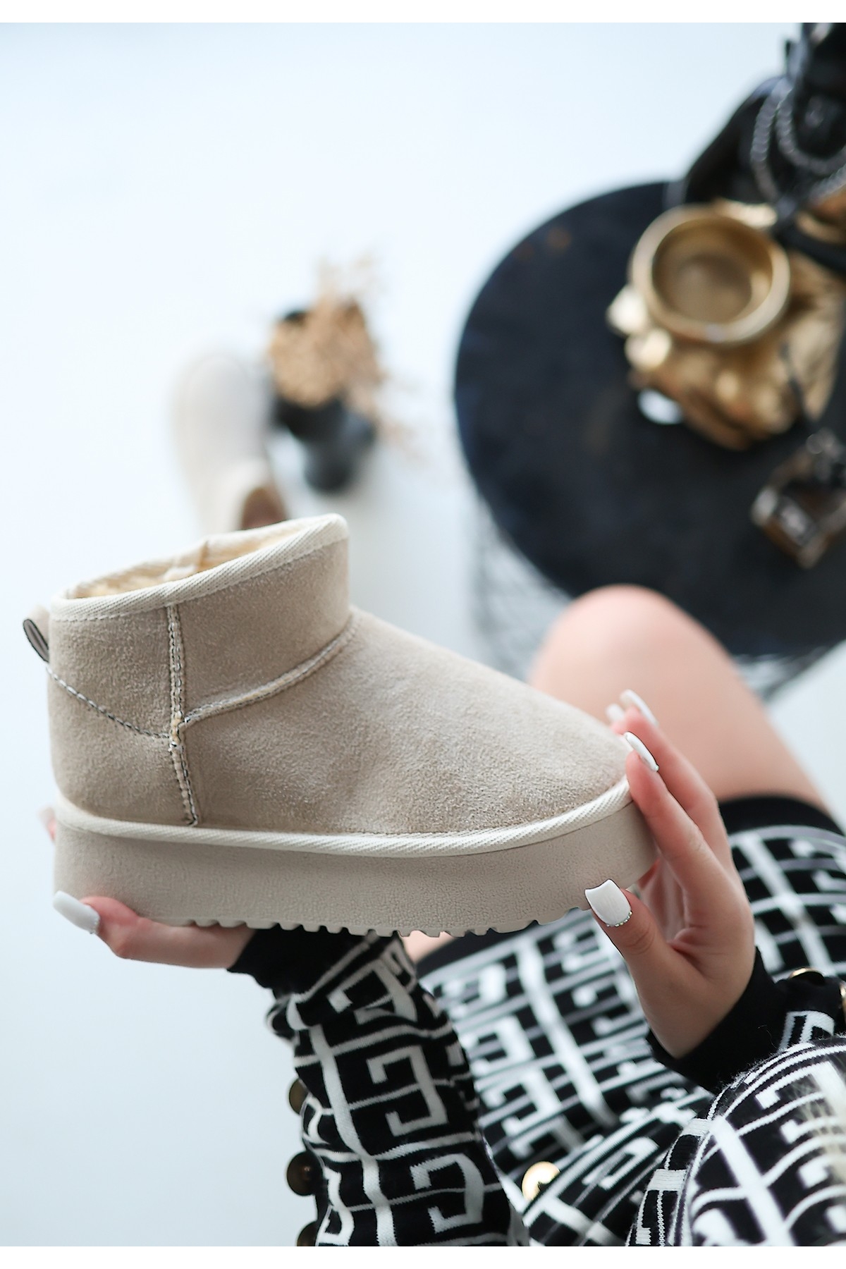 Bej Süet Yüksek Taban Kadın Düz Bot - Görsel 4