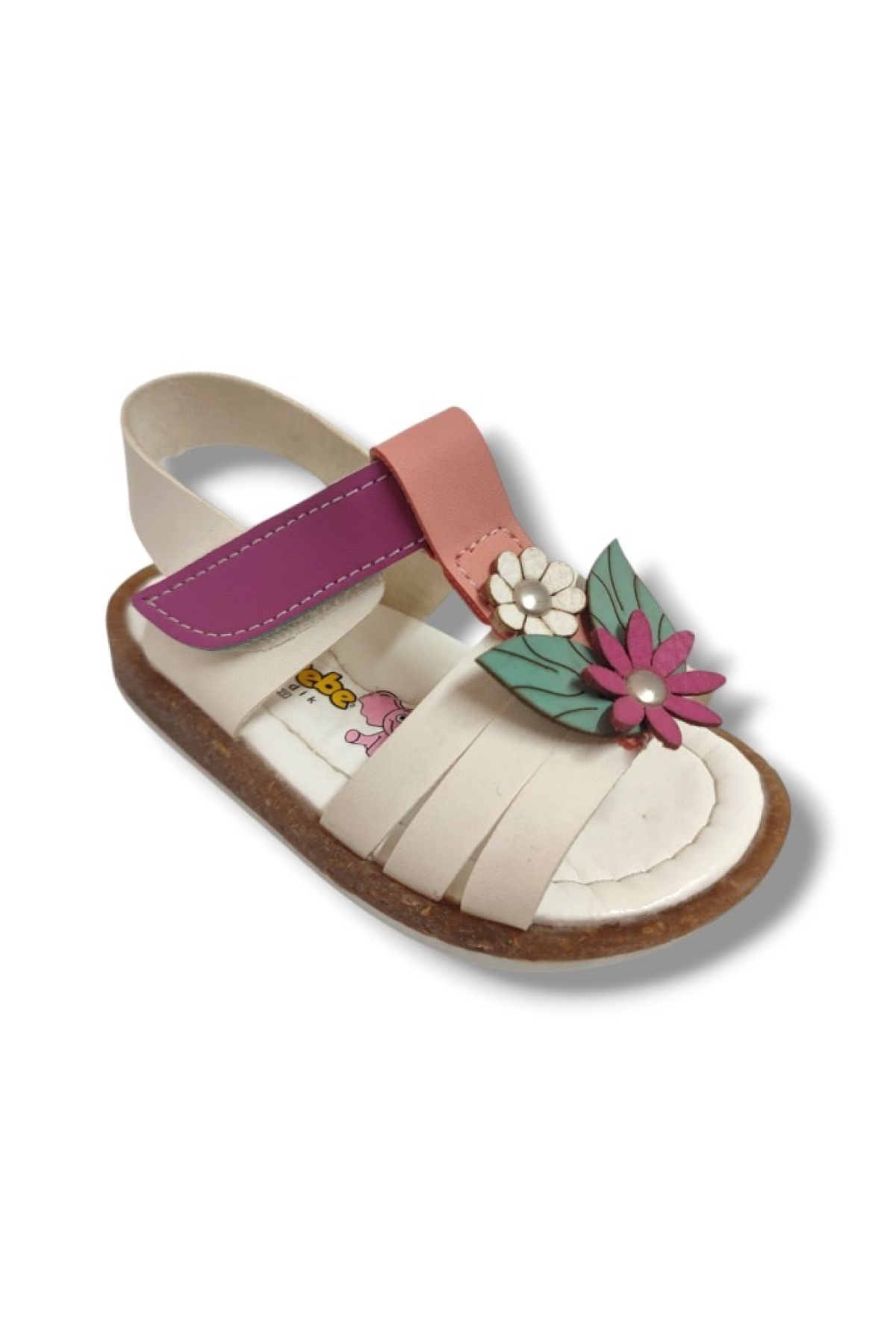 Şirinbebe 1653-20 Yan Çiçekli Cırtlı Kız Çocuk Sandalet Beyaz Pembe 21-25 - Görsel 2
