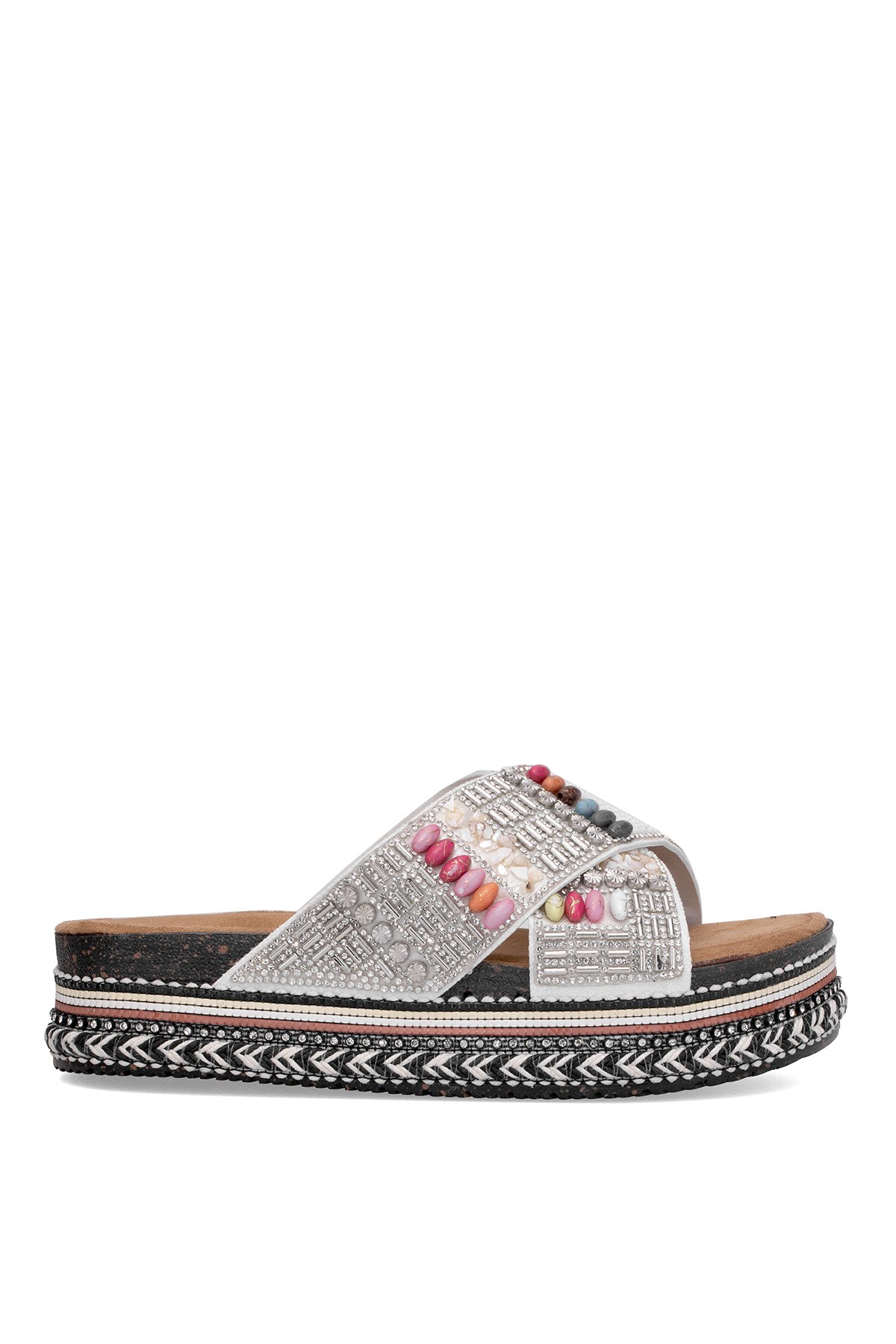 Elit BTBSJ03 Kadın Taşlı Düz Terlik Beyaz - Görsel 2