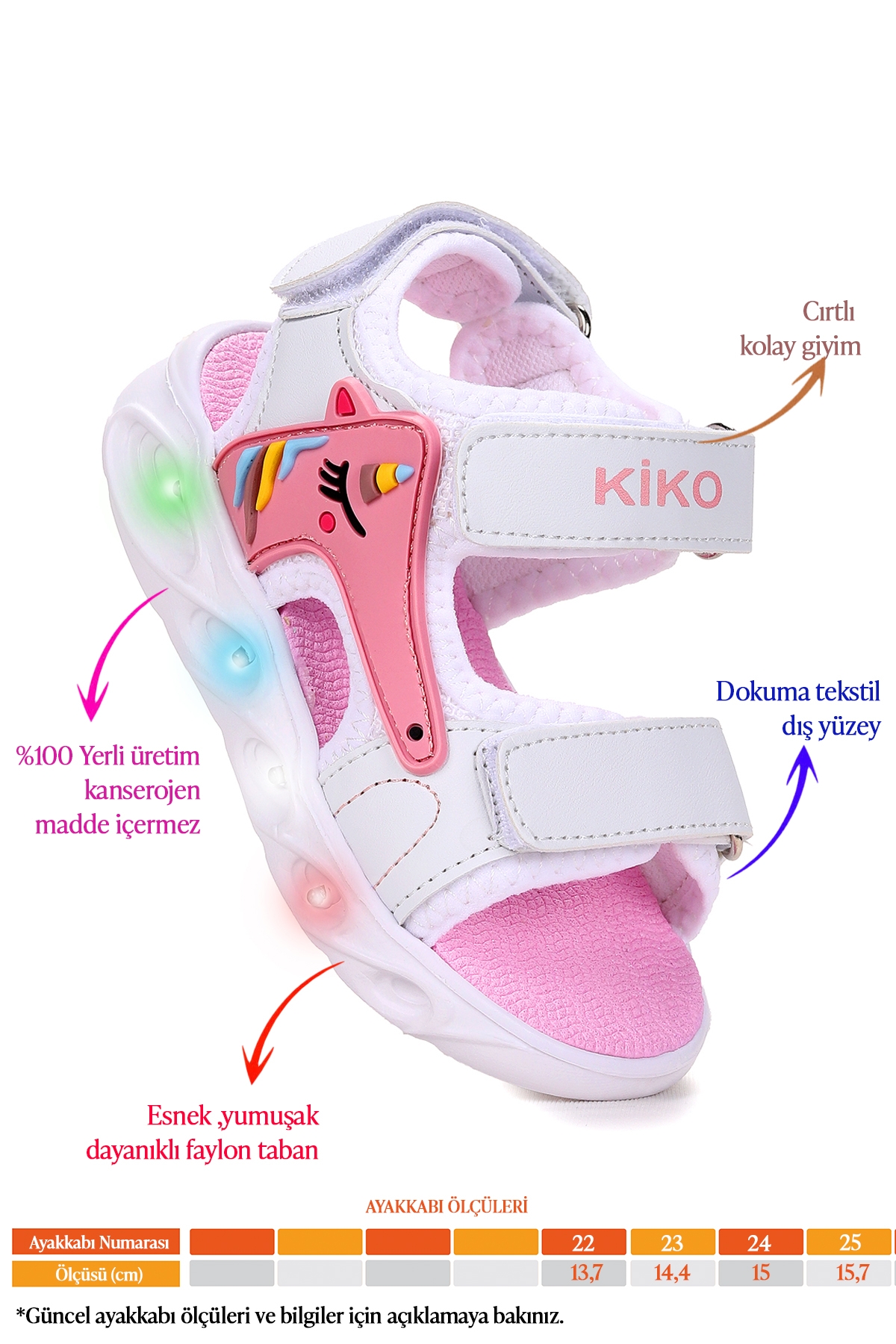 Unicorn Günlük Işıklı Cırtlı Kız Bebek Sandalet Ayakkabı Beyaz - Pudra - Görsel 3