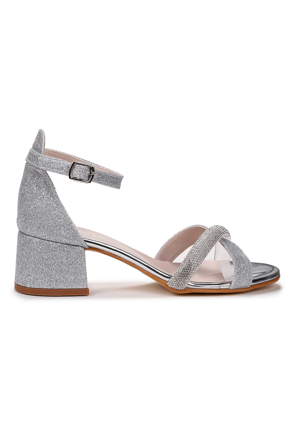 Tanda Kum Simli Kız Çocuk 4 Cm Topuklu Sandalet Abiye Ayakkabı Gümüş - Görsel 2