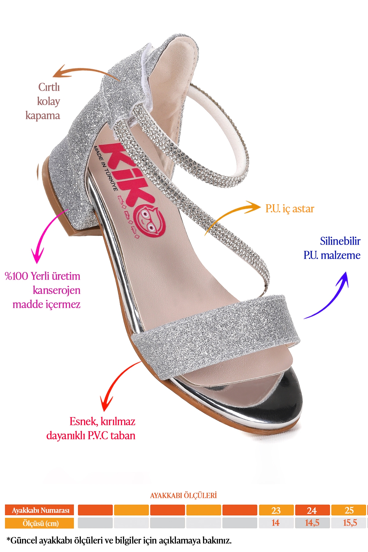 Yada Kum Simli Kız Bebek 2 Cm Topuklu Sandalet Abiye Ayakkabı Gümüş - Görsel 3