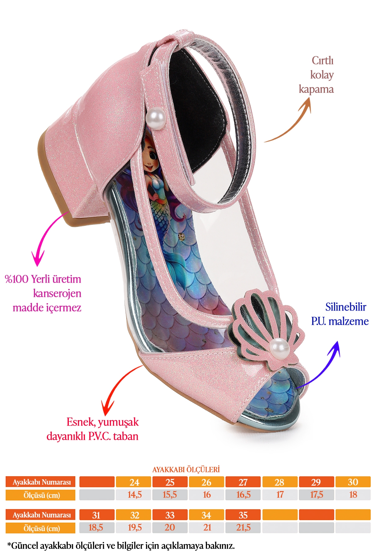 Deniz Kızı Şeffaf Burnu Açık Kız Çocuk Topuklu Abiye Ayakkabı Pudra - Görsel 3