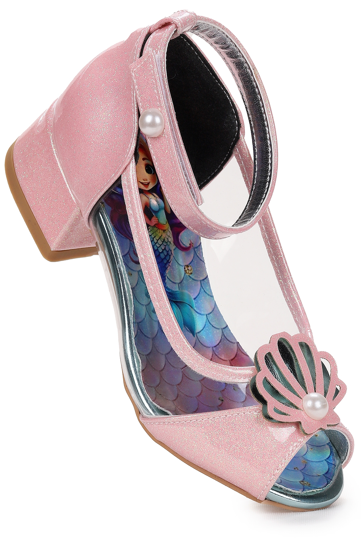 Deniz Kızı Şeffaf Burnu Açık Kız Çocuk Topuklu Abiye Ayakkabı Pudra - Görsel 4