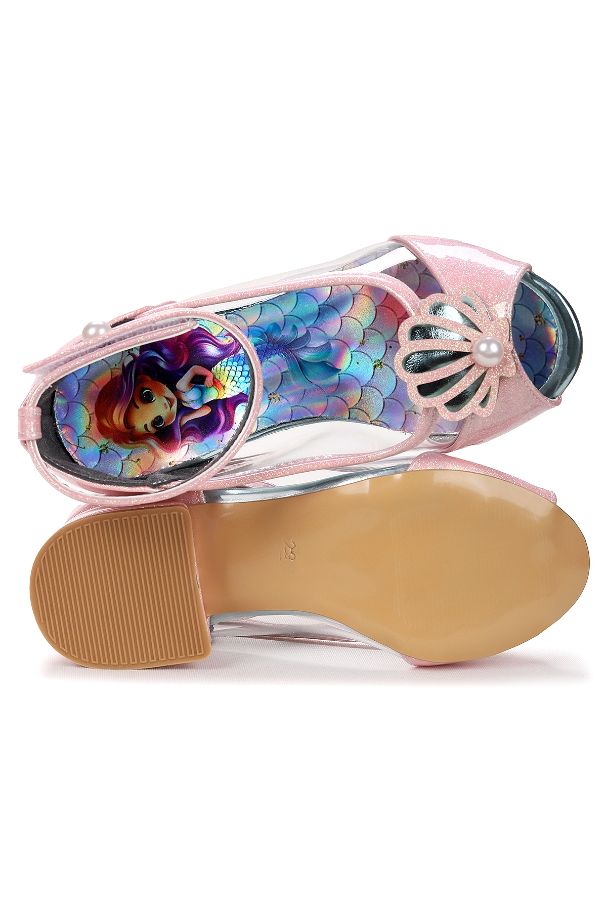 Deniz Kızı Şeffaf Burnu Açık Kız Çocuk Topuklu Abiye Ayakkabı Pudra - Görsel 6