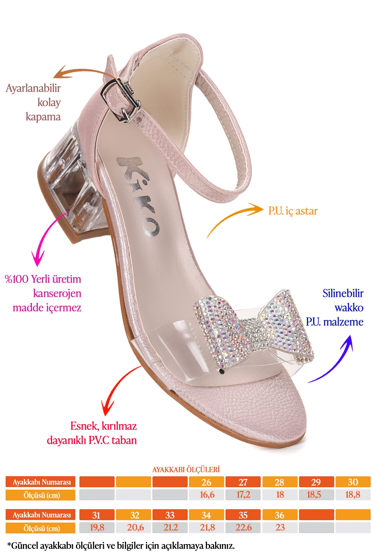 Tire Vakko Kız Çocuk 4 Cm Şeffaf Topuklu Sandalet Abiye Ayakkabı Pudra - Görsel 3