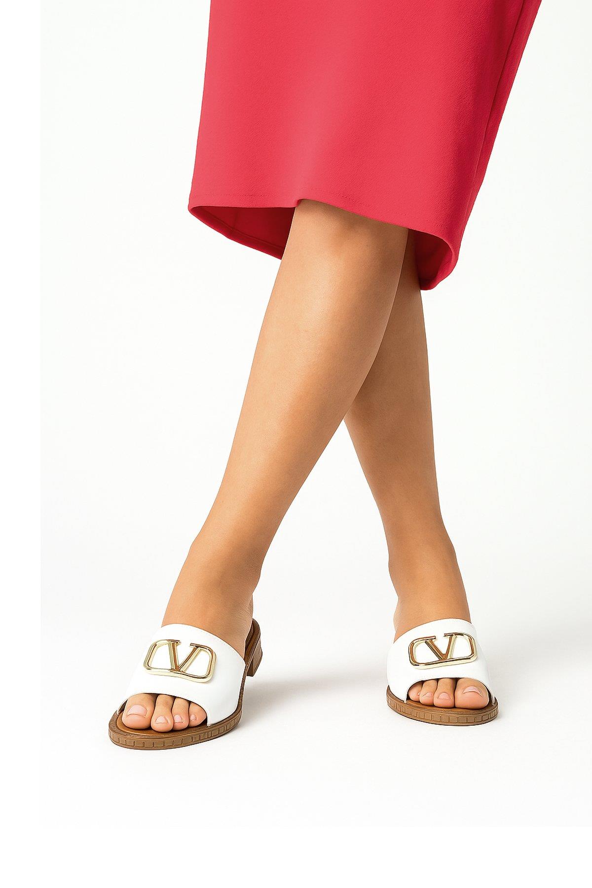 Elit Kira Kadın Hakiki Deri Topuklu Terlik Beyaz - Görsel 2