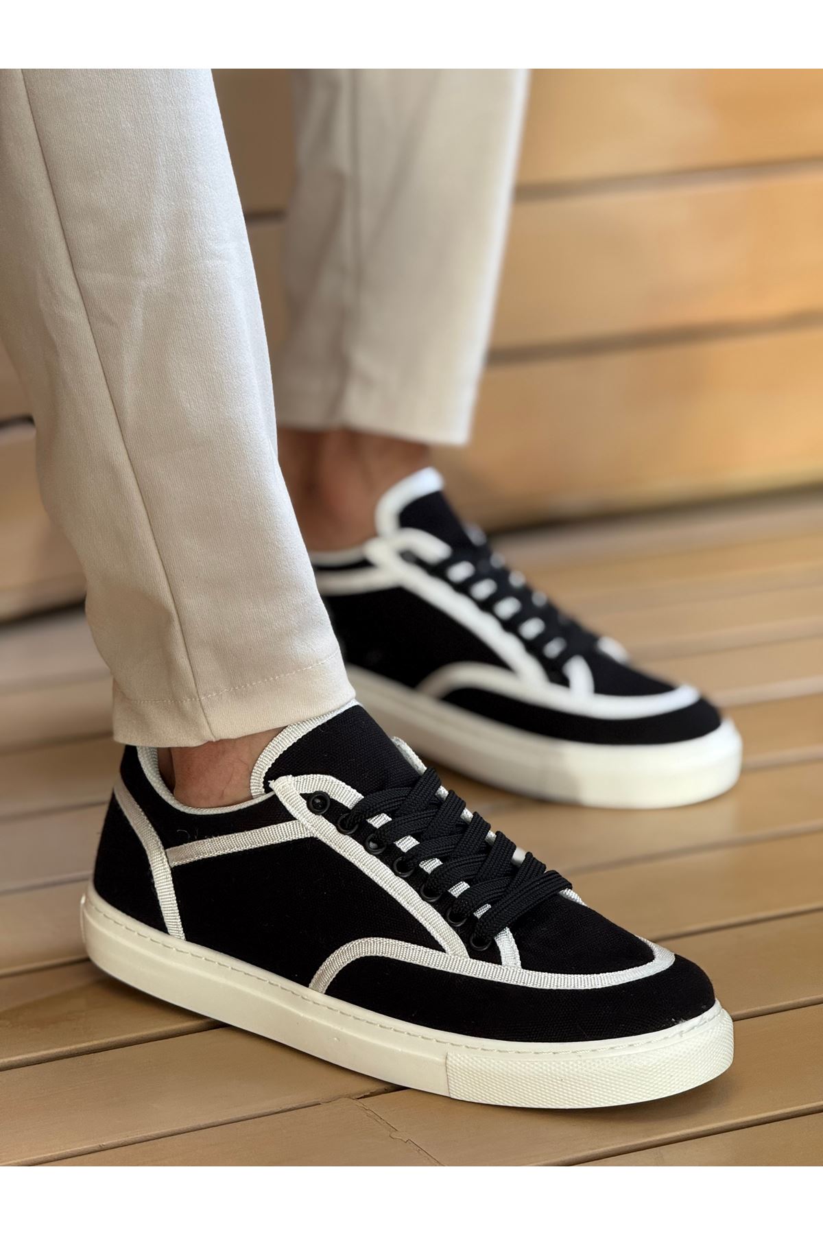 Keten Bağcıklı Erkek Günlük Ayakkabı Siyah Beyaz - Görsel 2